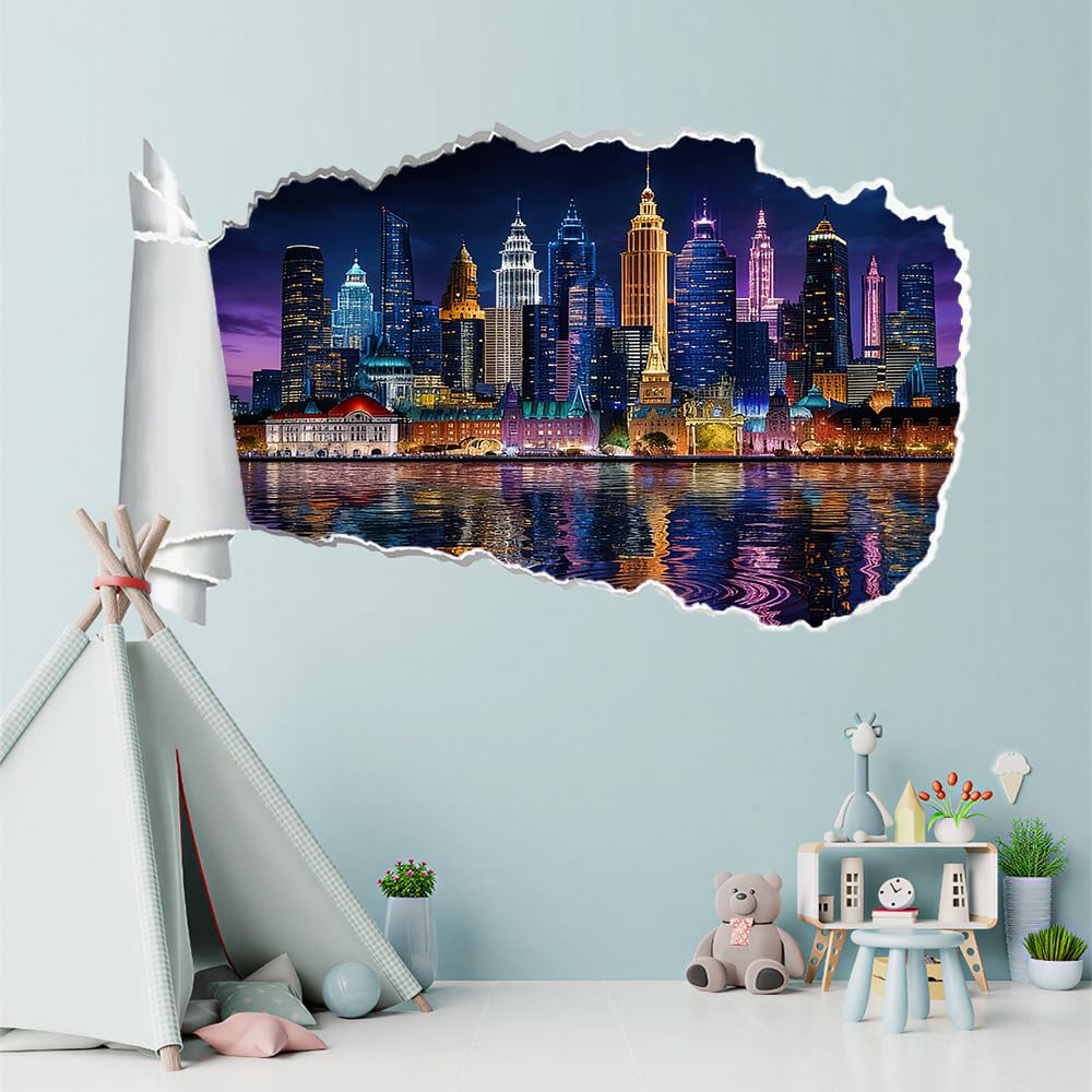 3D Wandtattoos Durchbruch Wandbild Stadtsilhouette Kinderzimmer Aufkleber Wandaufkleber Nachtansicht Wandsticker für Kinderzimmer Junge Zimmer Wohnzimmer Schlafzimmer
