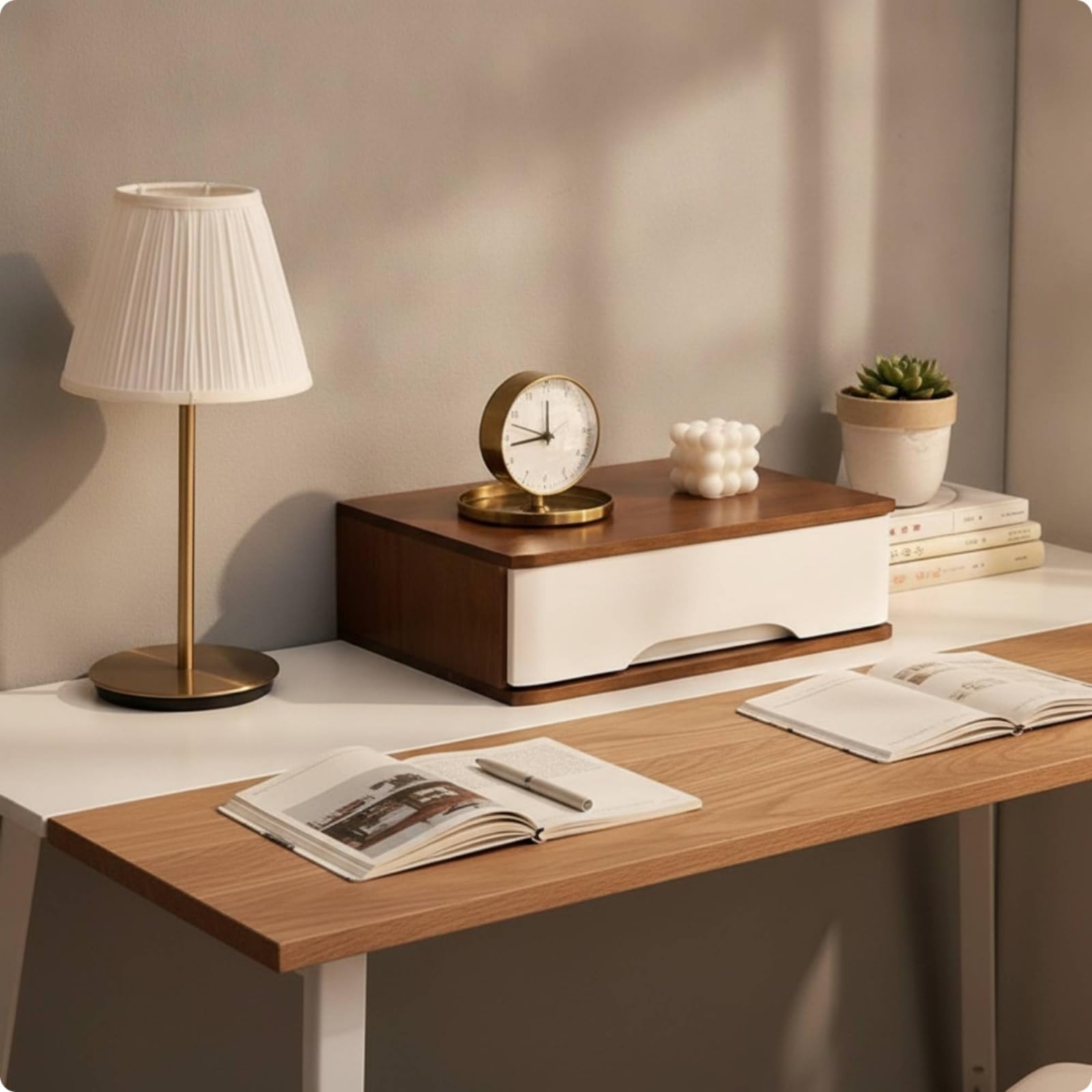 da Scrivania Cassettiera Organizer Contenitore Cassetti in Paulonia con Cassetti Sovrapposti Estraibili Adatto per Camera da Letto Scrivania Studio Spazio Piccolo, Noce + Bianco, 40 28 22CM