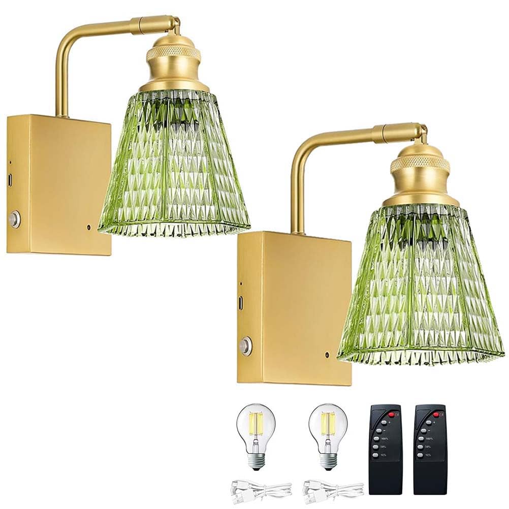 Aplique de pared retro recargable, regulable con interruptor, lámpara de pared vintage ajustable con control remoto, casquillo E27 dorado con pantalla de cristal verde, aplique de pared inalámbrico,