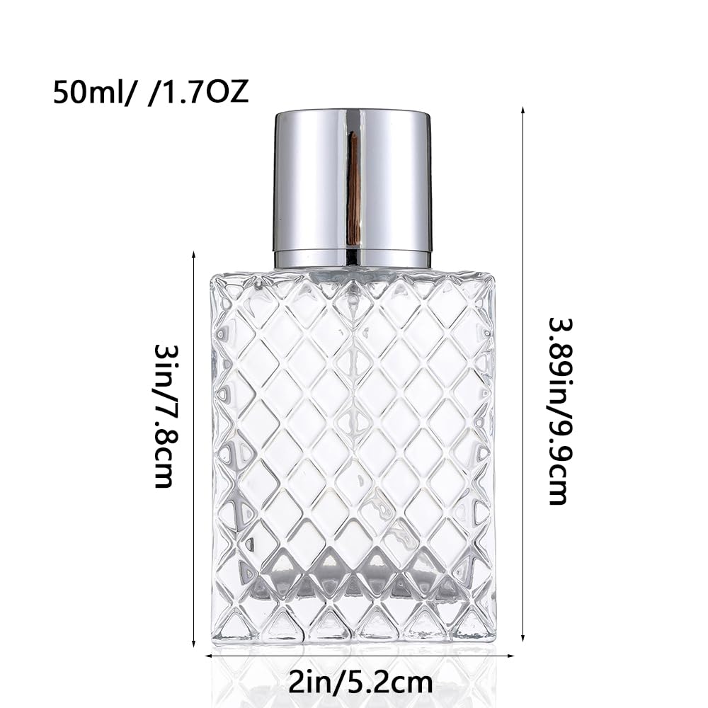 Bottiglia spray per profumo, da 50 ml / 1,7 fl.oz, con nebulizzatore trasparente, ricaricabile, in vetro, flacone vuoto, dispenser quadrato portatile, Argento, 1.7 Ounces