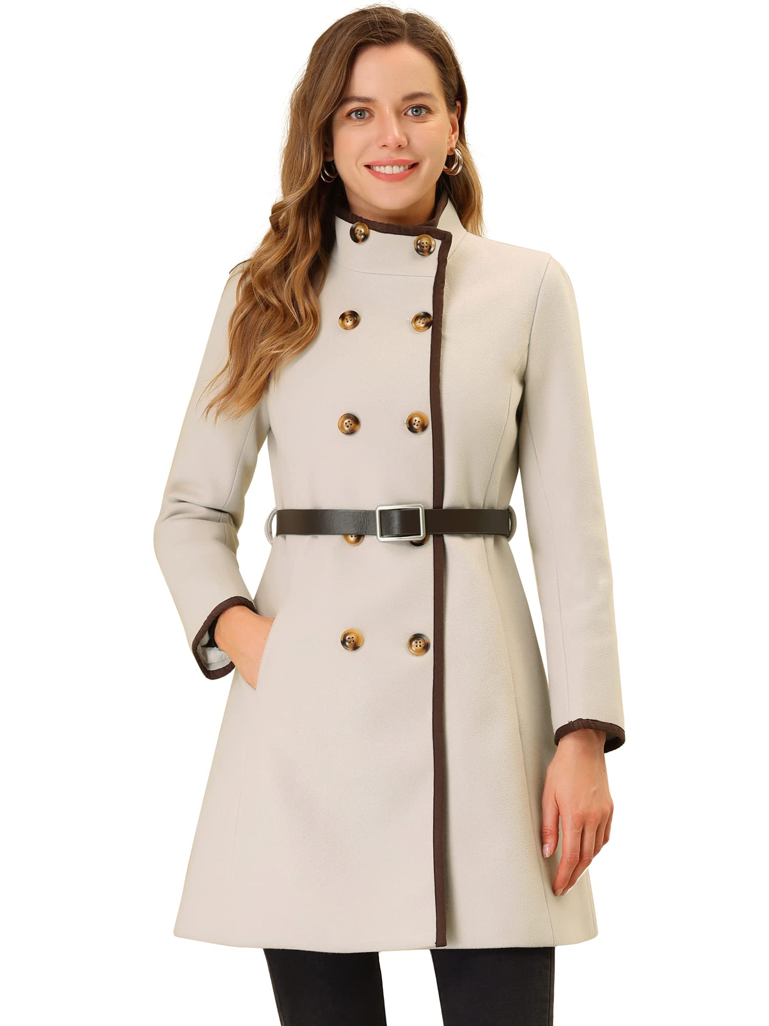 allegra k Women's Stand Collar Coats Belted Mid-Long Winter Peacoat-picture-45