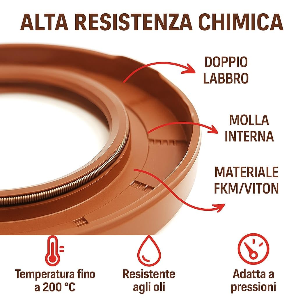Paraolio 40x55x7 FKM Con Doppio Labbro Parapolvere - Anello Di Tenuta In Gomma Fluorurata Per Auto, Moto E Meccanica, Temperatura -30°C A +180°C