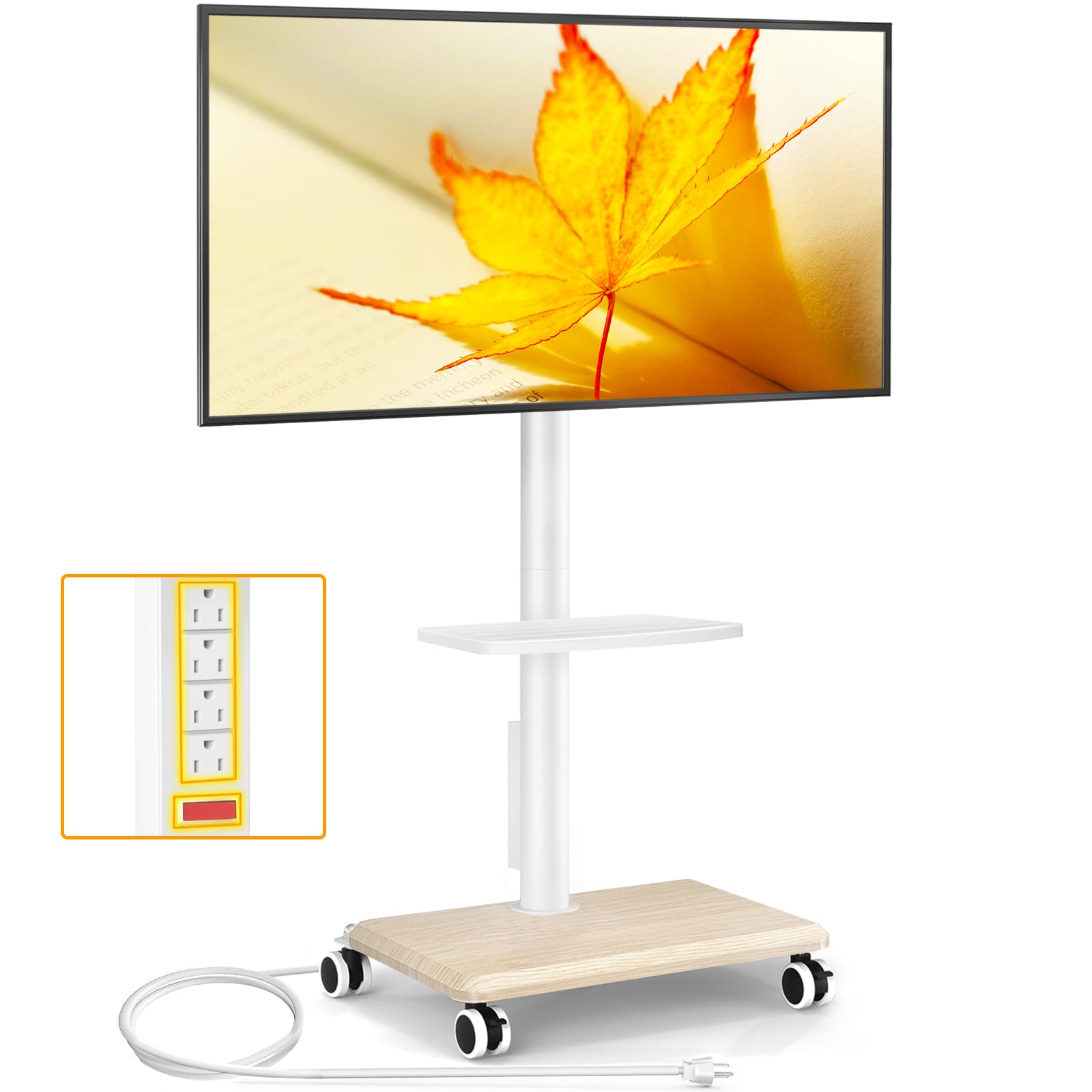 5Rcom Rolling TV Stand with Power Outlet for 32-60 inch TVs, Swivel and Height Adjustable Mobile TV Stand with Shelf, Strong TV Cart on Wheels up to