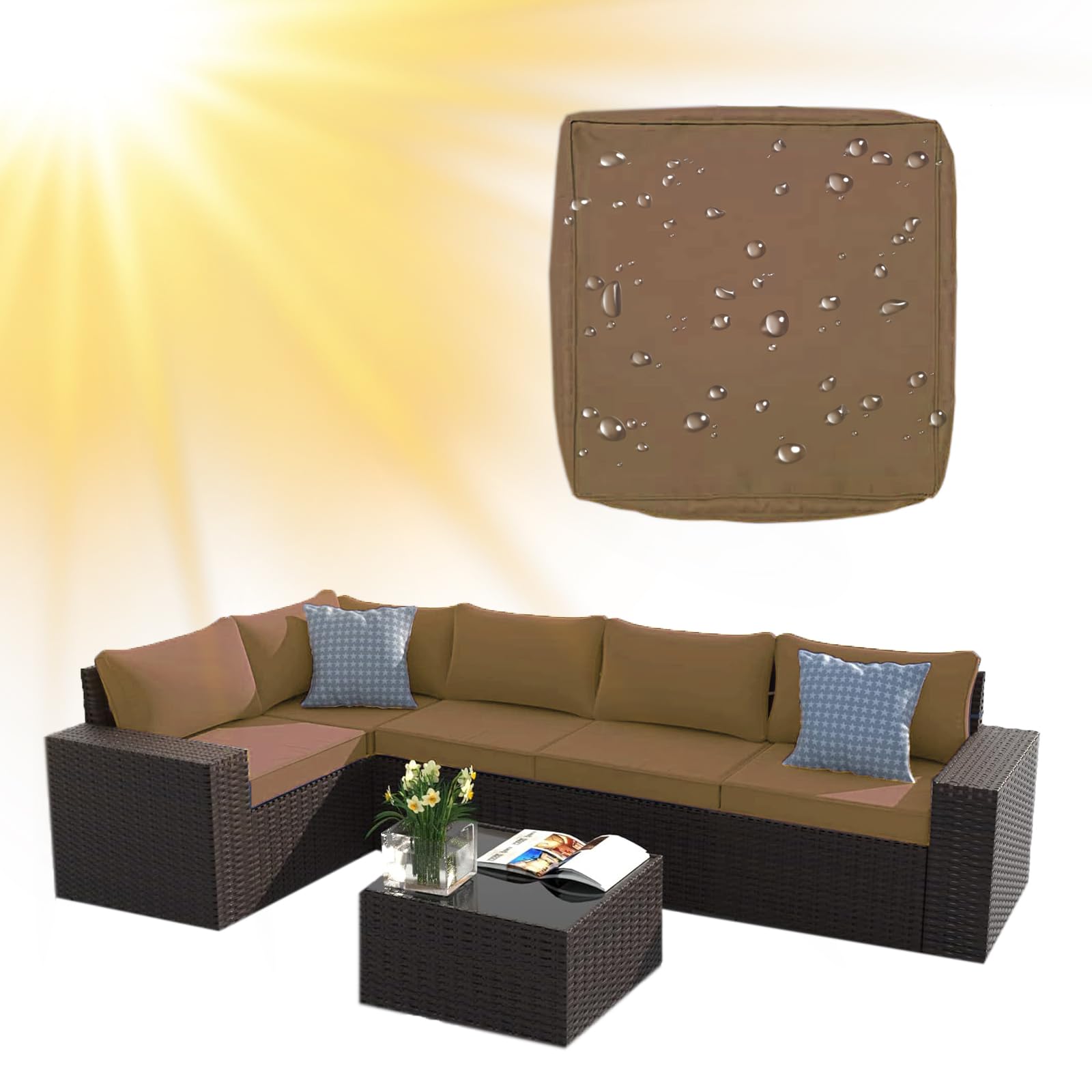 SYLC Water Repellent Patio Cushion Covers UV Resistant Garden Rattan Cushion Covers with Zipper Outdoor Couch Cushion Slipcovers for L Shape/Corner (1 pc 60×60×10 cm,Camel)