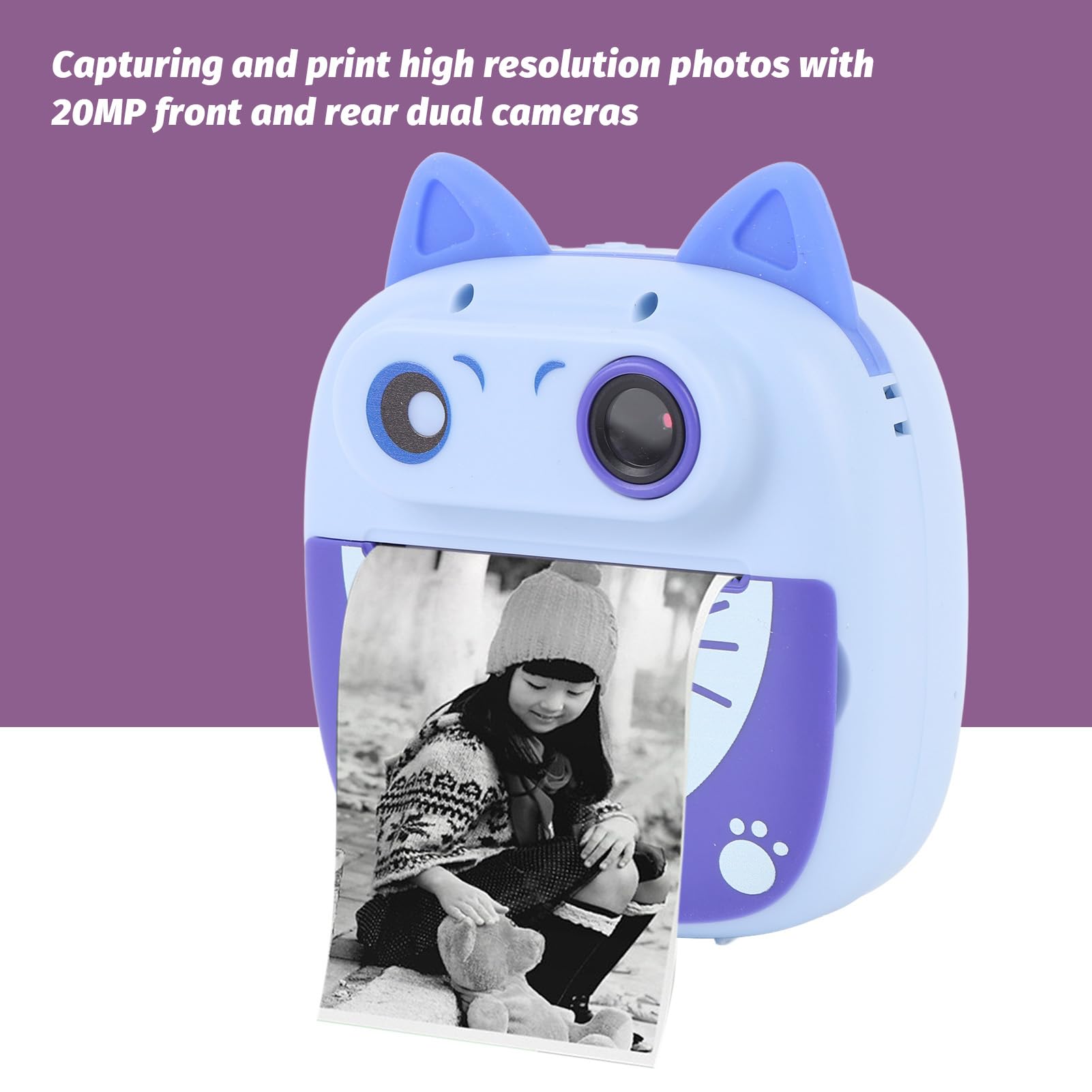Sofortdruck-Kinderkamera, Kitty-Digitalkamera Zum Drucken von Fotos für Kinder, 4-facher Zoom, für 3-, 4-, 5-, 6-, 7-, 8-, 9- und 10-jährige Mädchen und Jungen, mit