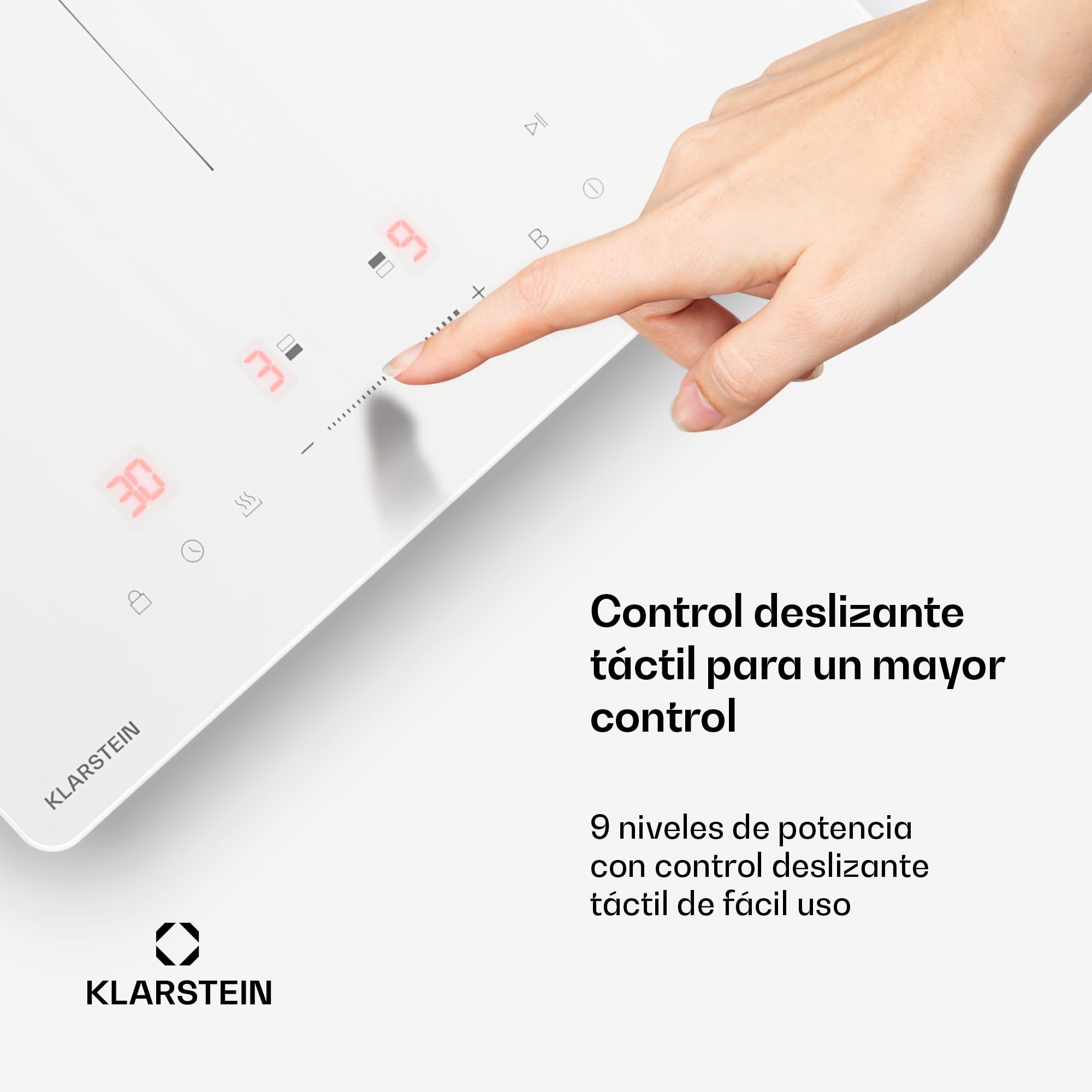Klarstein PowerGlide Placa Inducción 30cm - 2 Zonas, 3500W Boost, Control Deslizante Táctil, Temporizador, Bloqueo Infantil, Vitrocerámica, Cocina Inducción Compacta, Blanco