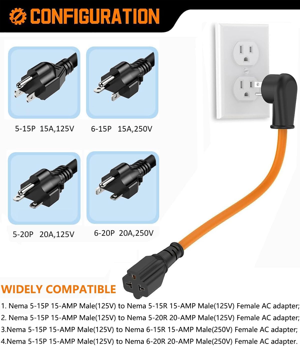 12AWG 15 Amp to 20 Amp Plug Adapter [4-in-1], Heavy-Duty Extension Cord, Nema 5-20P to 5-20R/15R/ 6-15R/ 20R 20AMP T-Blade Adapter Cable, 125V 15A to 20A 250V Extension Power Cord, 1FT, Orange