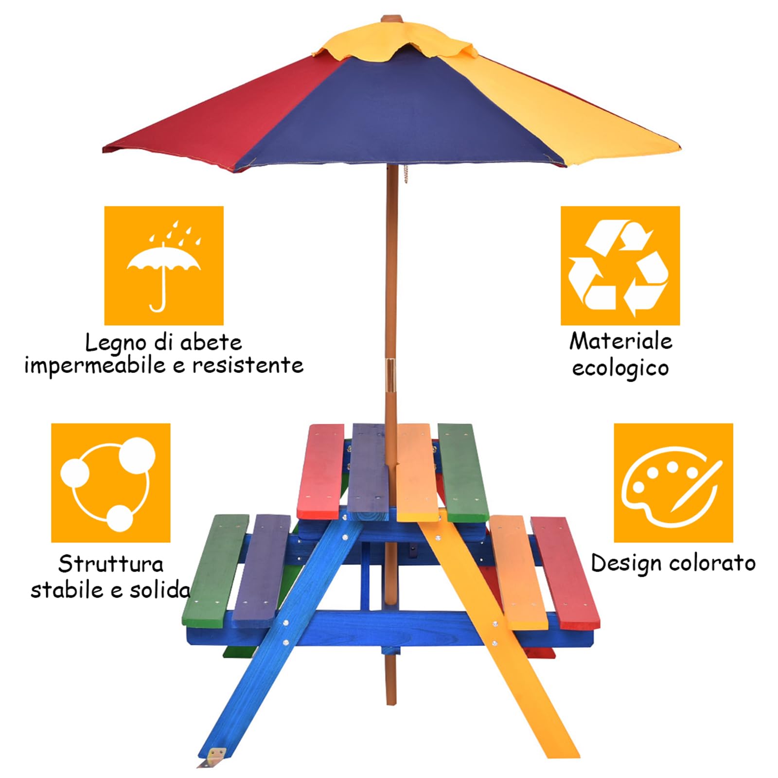 COSTWAY Set con Tavolo Picnic di Legno e Ombrellone per Bambini, Tavolo e Panchina con 4 Posti e Ombrellone Pieghevoli, Tavolino e Sedie Multiuso per Esterno Giardino Cortile