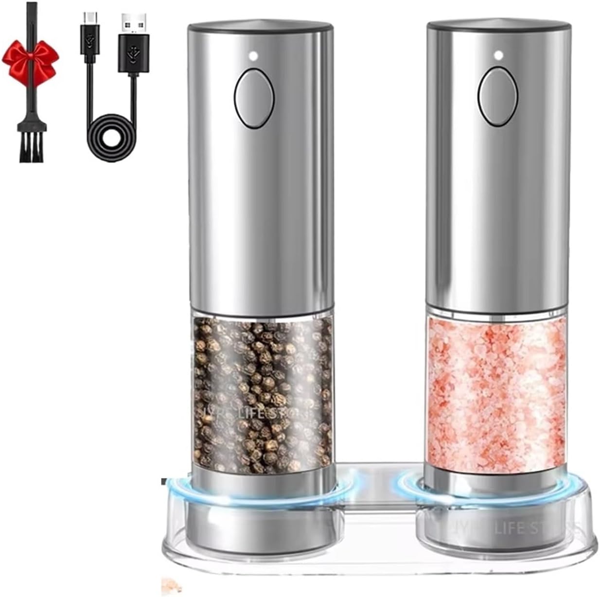 Electric Pepper Grinder Stainless Steel Salt and Pepper Grinder U/S/B Rechargeable Adjustable Coarseness Spice Mill Kitchen Tool(2pcs)