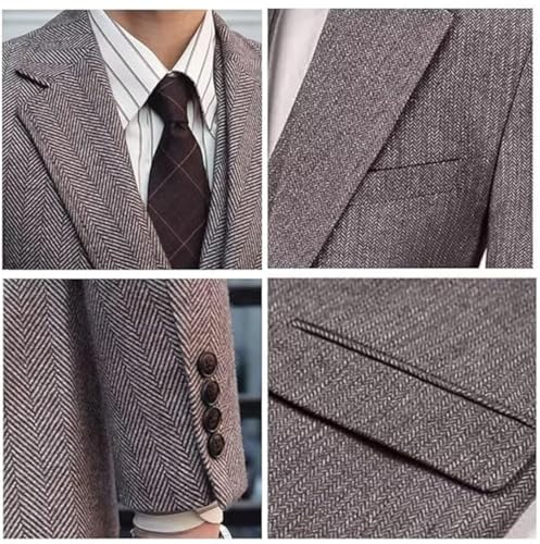 Retro Men Suit 3 Piece Brown Grey Tweed Herringbone Men's Suits Slim Fit Groom Tuxedos Prom Blazer Custom Jacket4