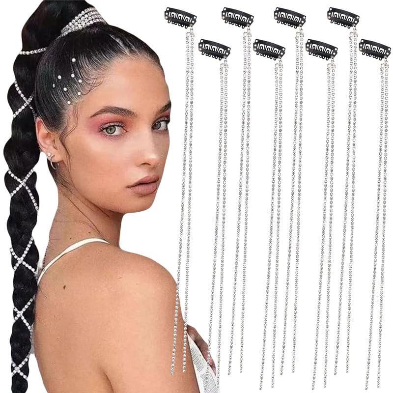 CHIROGRAPHY 6 PCS Pieces Long Rhinestone Hair Chains,Punk Tassel Hair Clips Hair Extension 20 Inch Head Chain Silver Hair Clip Hairpin for Women and Girls Nightclub Party Daily Headwear