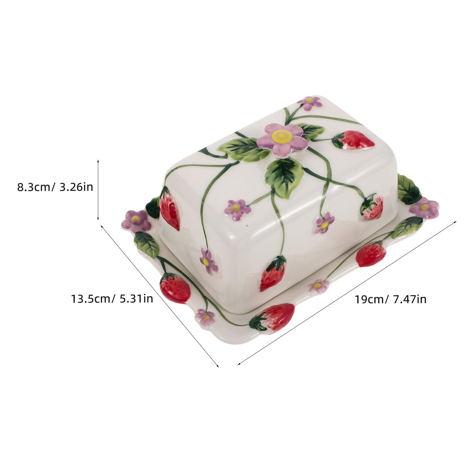 Beurrier Décoratif en Céramique avec Couvercle, Motif Fraise Floral