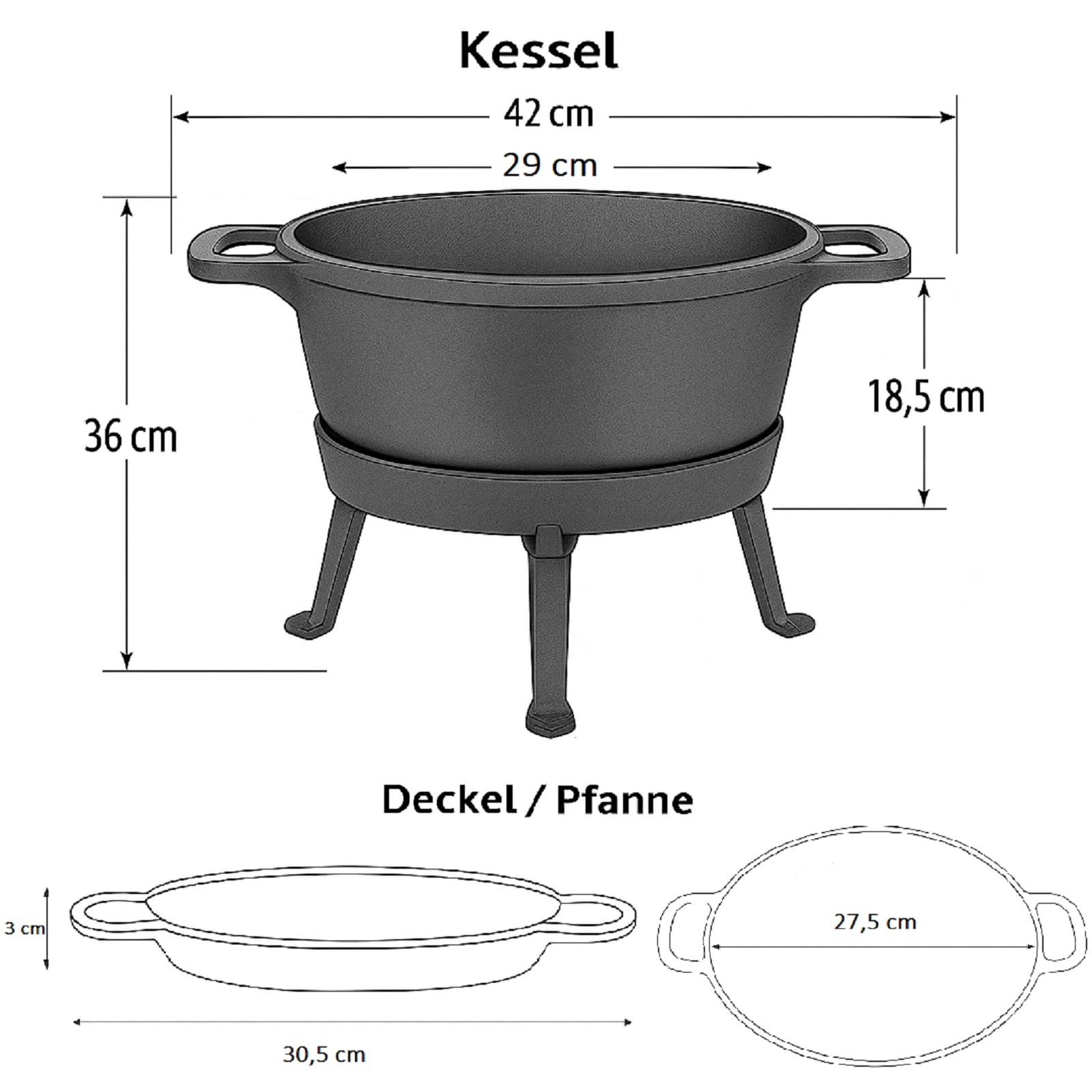 QLS Dutch Oven 10 L aus Gusseisen 3in1 mit Deckel für Camping Outdoor