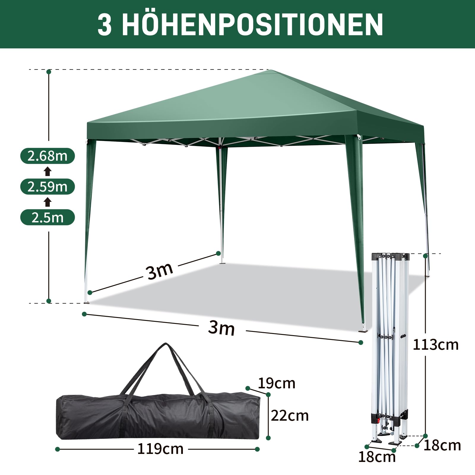 LEADZM Pavillon 3x3m,Pop-up Faltpavillon,Stabil,Wasserdicht,Stahlrahmen,Höhenverstellbar,UV Schutz 50+,Gartenzelt,Partyzelt,für Garten,Party,Camping,Grün