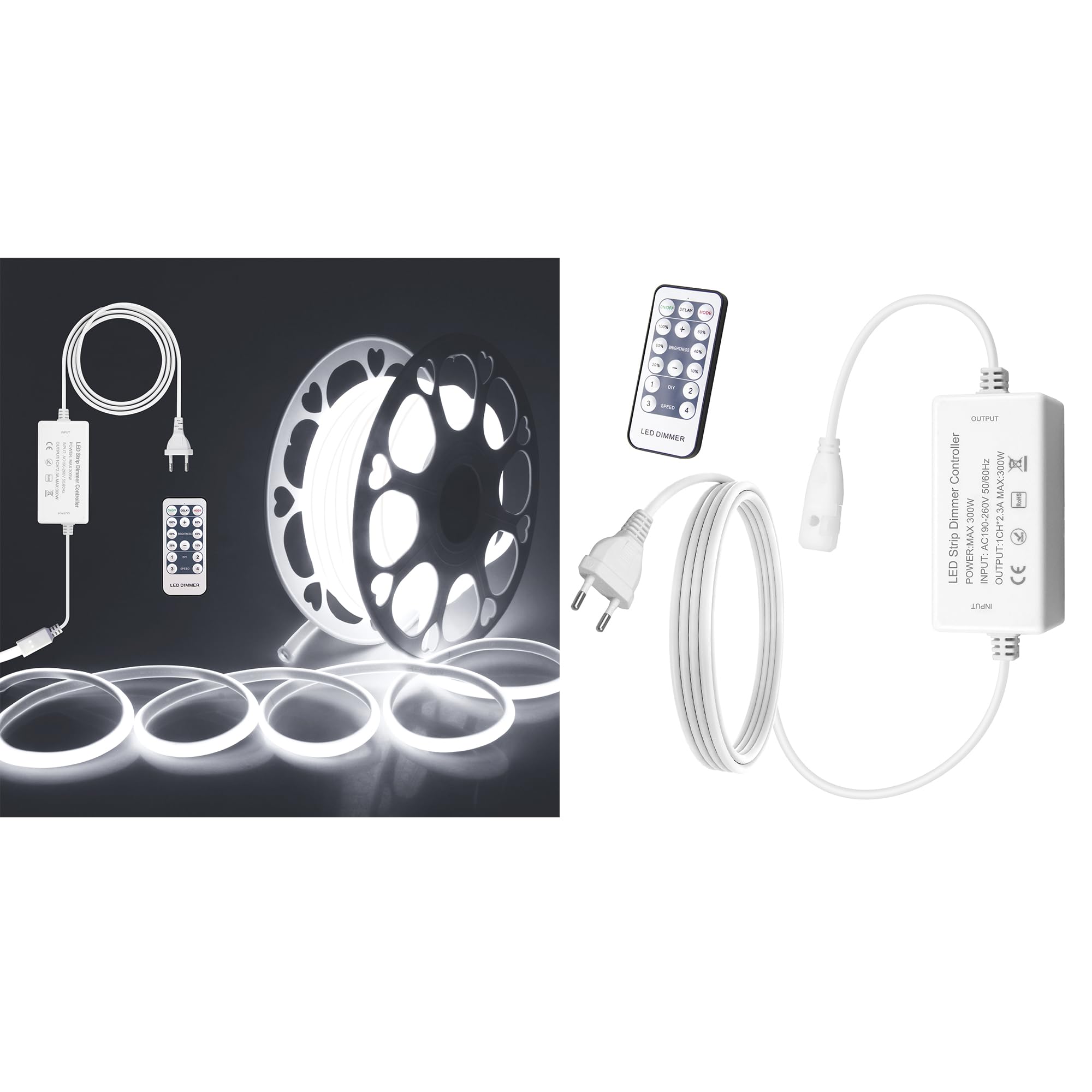 ALITOVE DIY Smart Upgrade Bundle: 20M 230V Kaltweiß COB-LED-Streifen mit RF-Fernbedienung + EU-Stecker mit RF-Fernbedienung