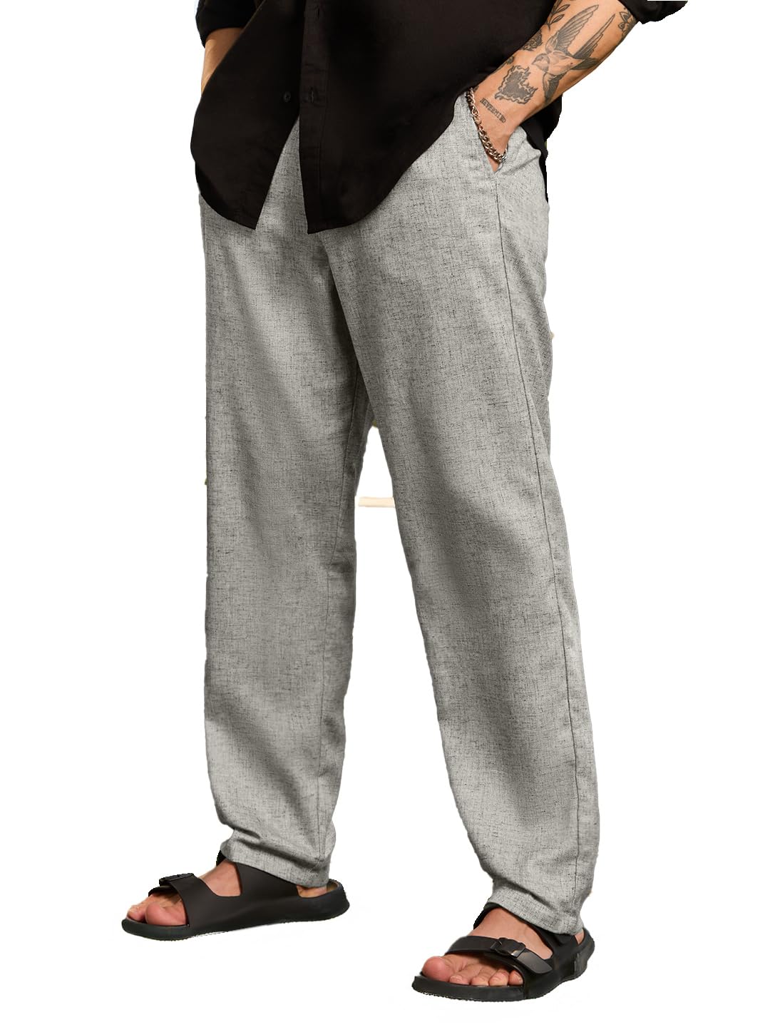 The Souled Store Linen Pants: Pale Graphite Men and Boys Light Grey Solid Straight Fit Lightweight Easy to Style Everyday Office Wear Elasticated Waist Linen Pants in grey