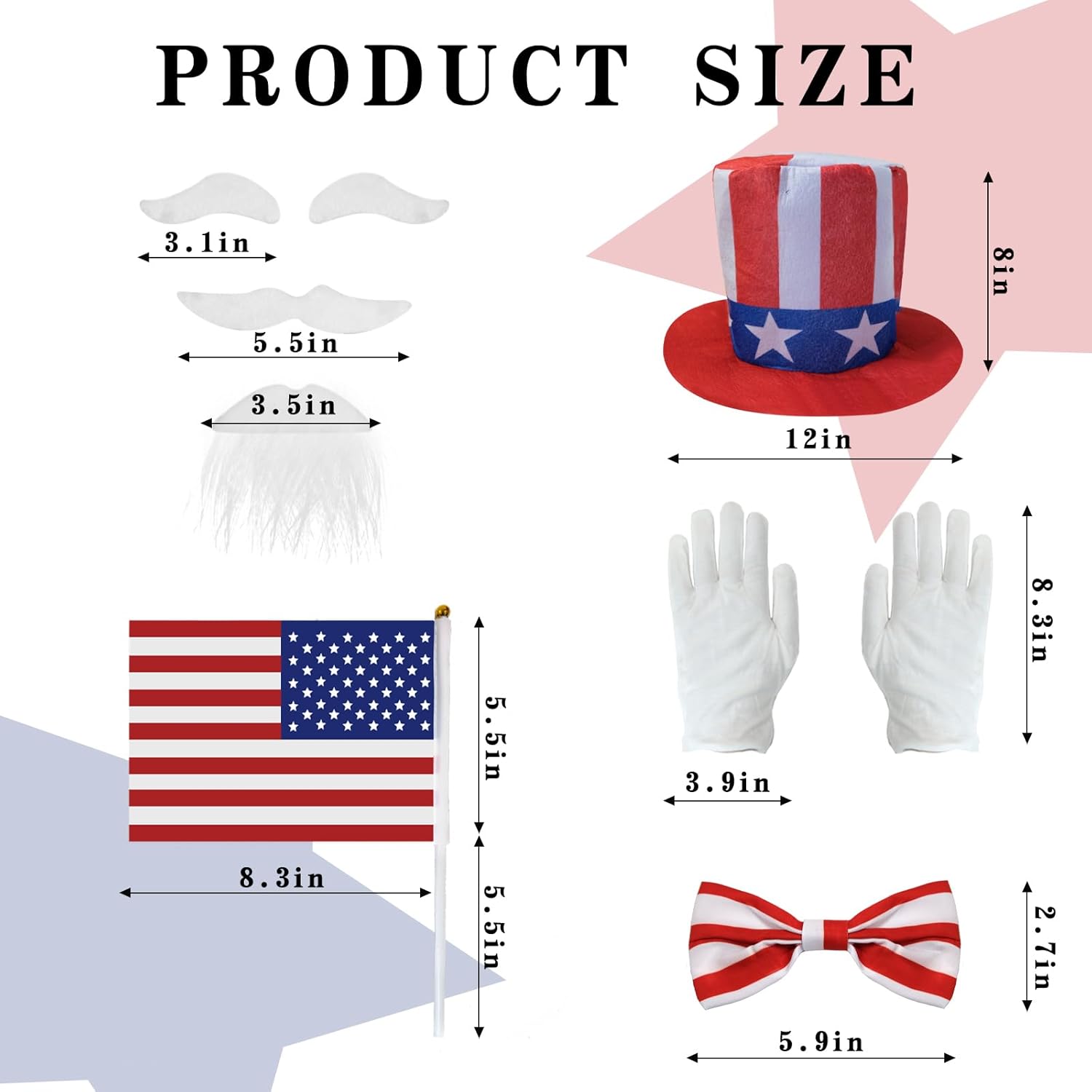 Mens Independence Day Uncle Costume Set 4th of July Outfit Patriotic Party Accessories with Hat Bow Tie Gloves