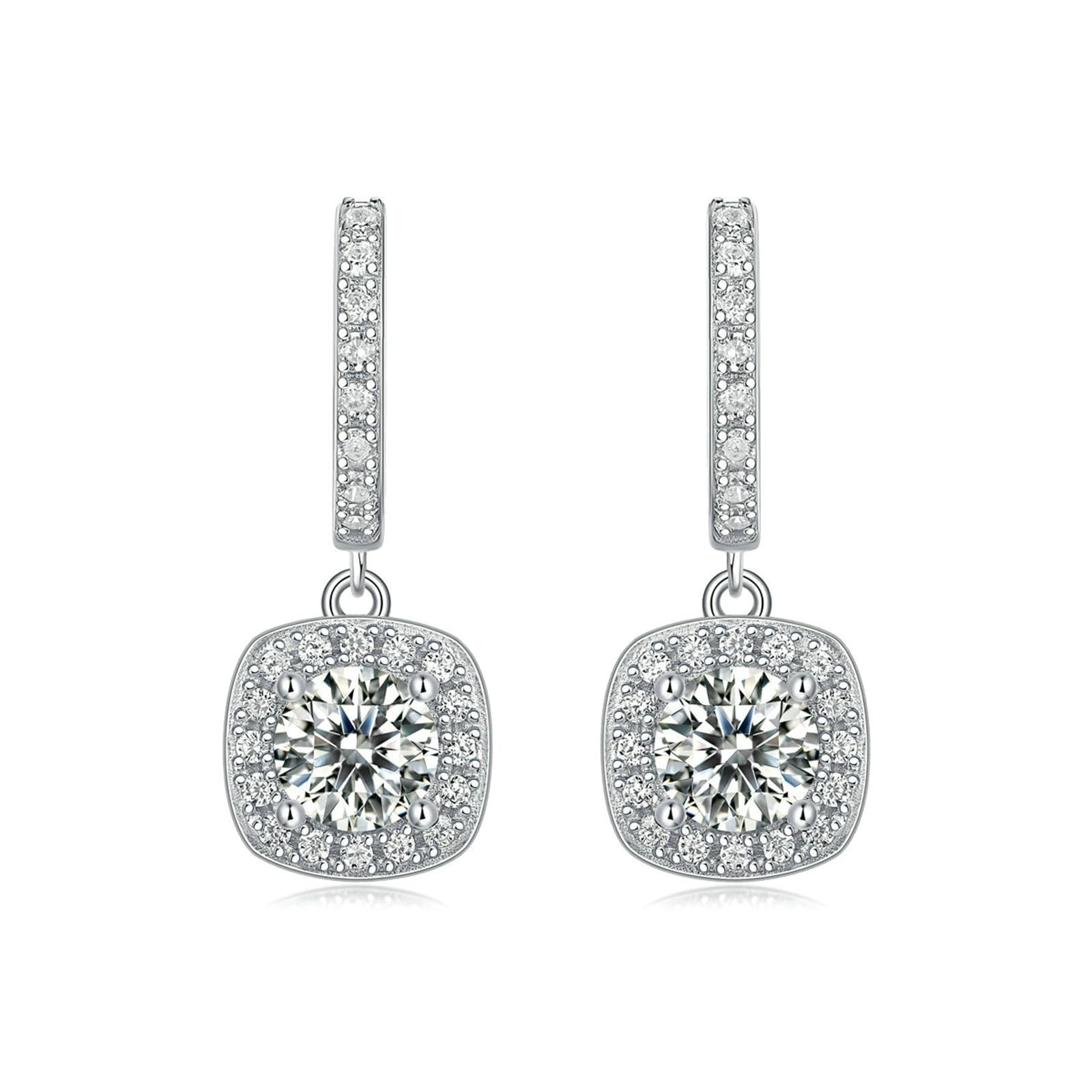Orecchini a cerchio in oro bianco 750, rettangolari, con ciondolo a forma di moissanite, da donna, ipoallergenici