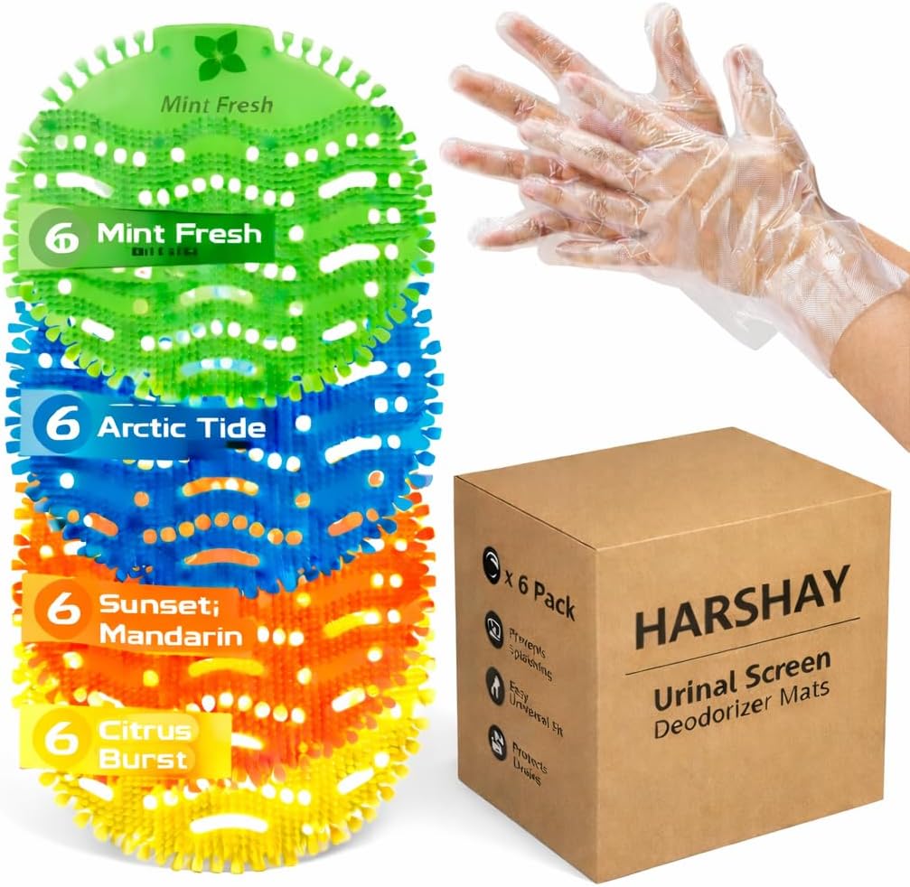 24 Pack Urinal Screen Deodorizers – 3D Wave Anti-Splash Urinal Cakes, Long-Lasting Odor Control, 4 Fresh Scents + Disposable Gloves, for Office, Restaurant, School & Hotel