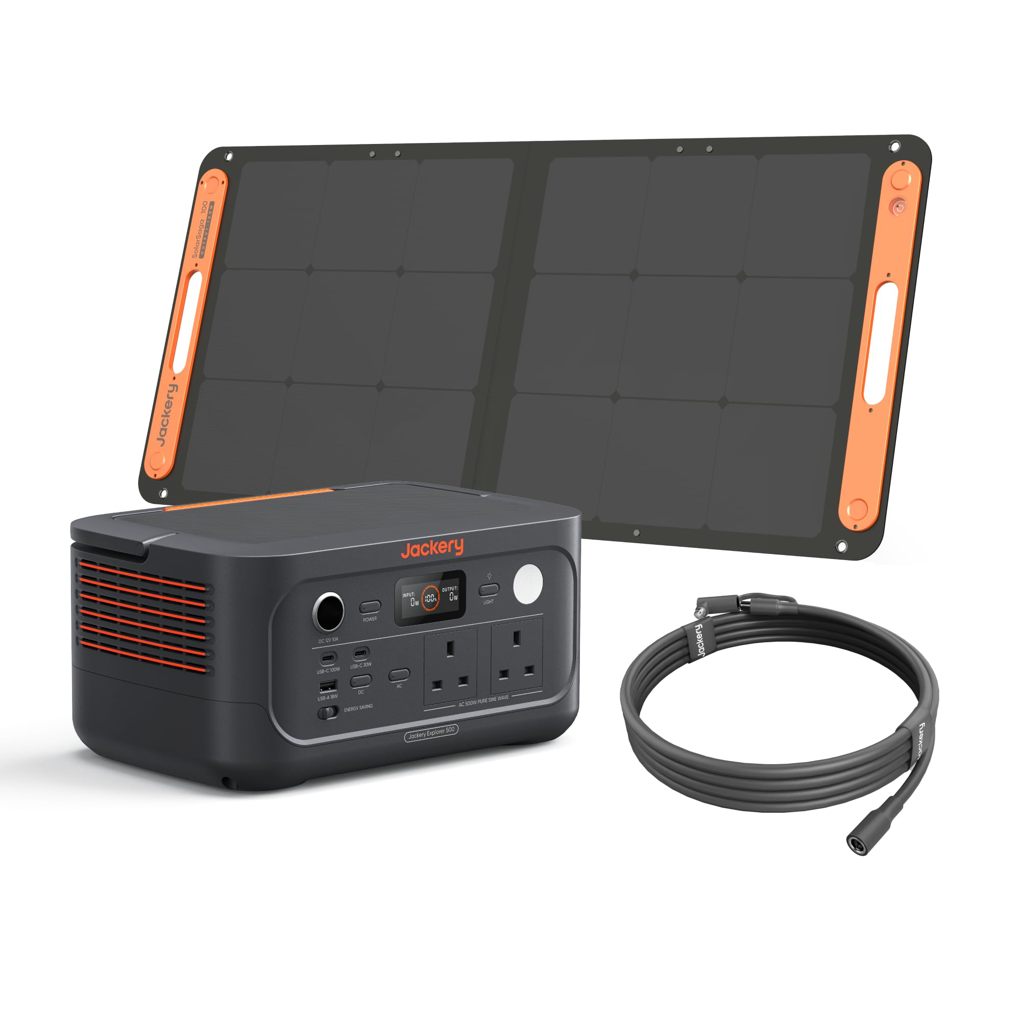 Jackery Explorer 500 V2 Portable Power Station + 100W Solar Panel + 5M Extension Cable, 230V/500W Pure Sine Wave Solar Generator, 500W Ac Output Power Station