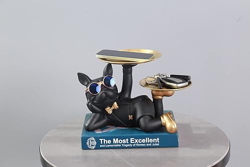 Miniatura 5 de NUACOS Esculturas de perro de resina para decoración de bulldog francés, estatua de mayordomo con 2 bandejas de metal, bandeja de almacenamiento