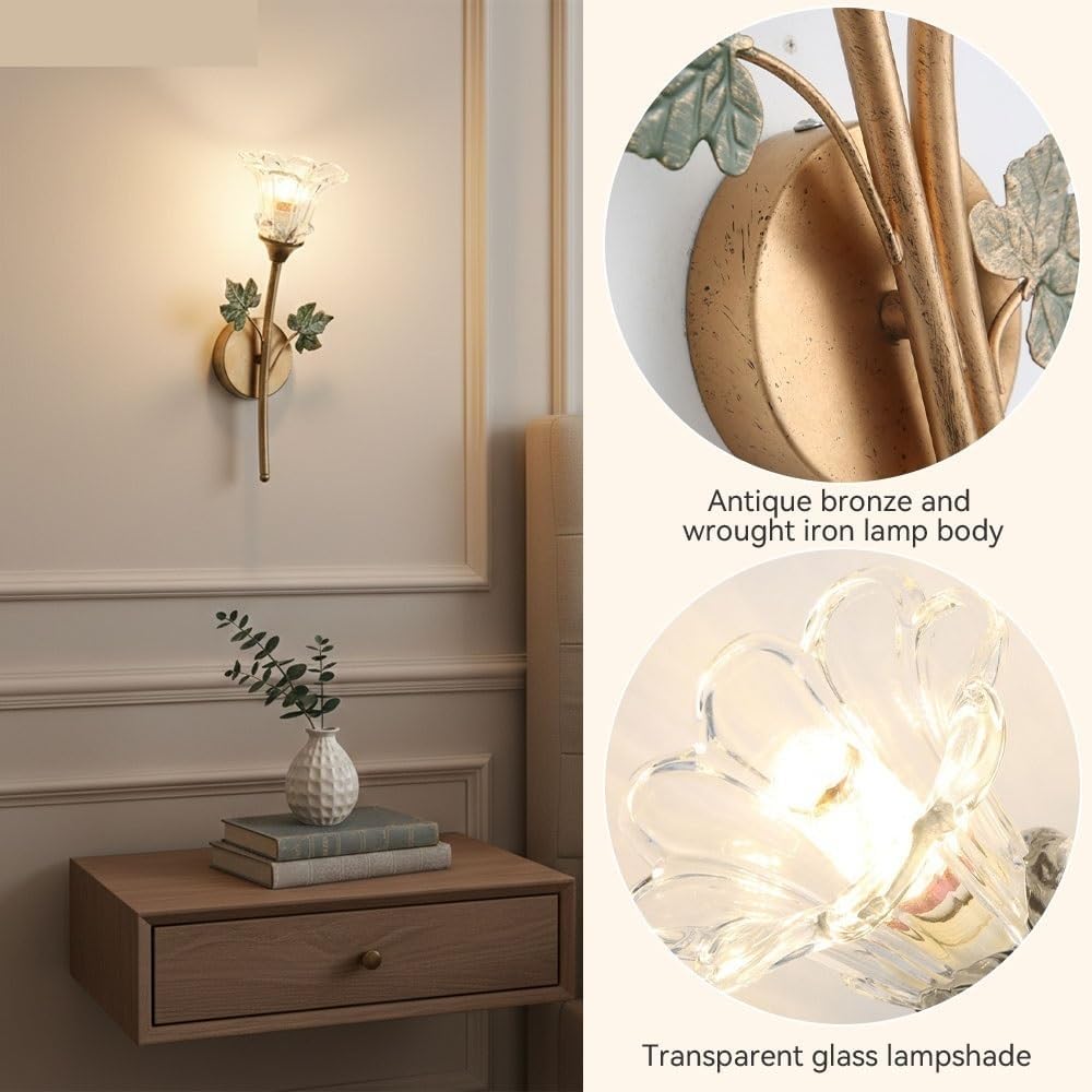 Vintage Floral Wall Sconce, Antique Brass Glass Flower Wall Lamp with Green Leaf Accent, Creative Vanity Fixture, Rustic Farmhouse Romantic Light for Bedroom, Living Room, Hallway Parlor(Large)