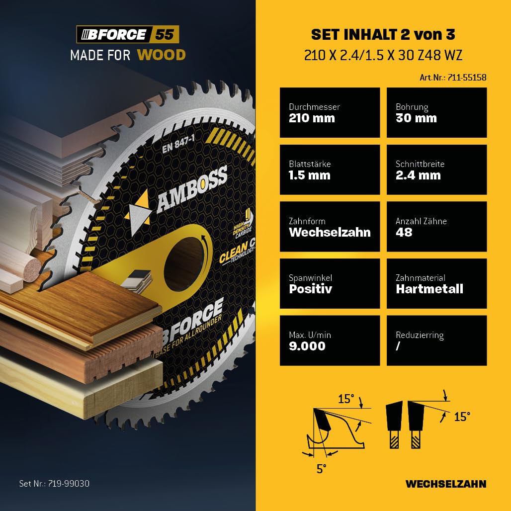 Ø 210 x 30 zestaw ręcznych brzeszczotów do piły tarczowej pasuje do Makita 5008 MG, Festool TS75EBQ - AMBOSS WERKZEUGE® 210 x 30 asortyment brzeszczotów do piły