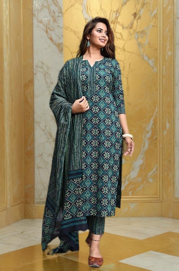 Image of Green Printed Straight Kurta Suit Set with Dupatta for Women, Festival Wear