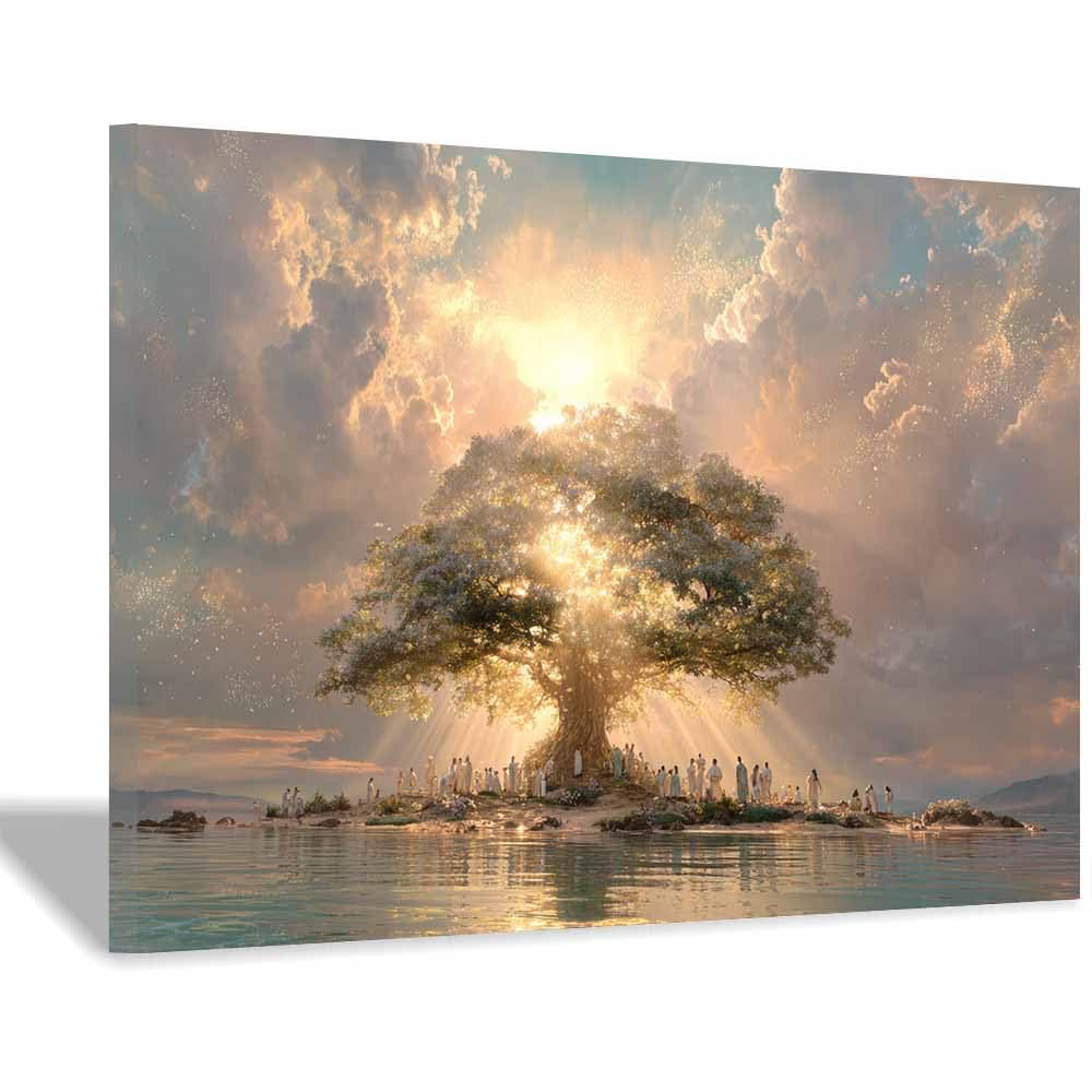 ZAMAEIU Tree of life canvas wall art Sacred-gathering Tree Prints Minimalist Modern, for bedroom, For Bathroom, Living Room, Bedroom, Office.(white)-50x70cm Framed