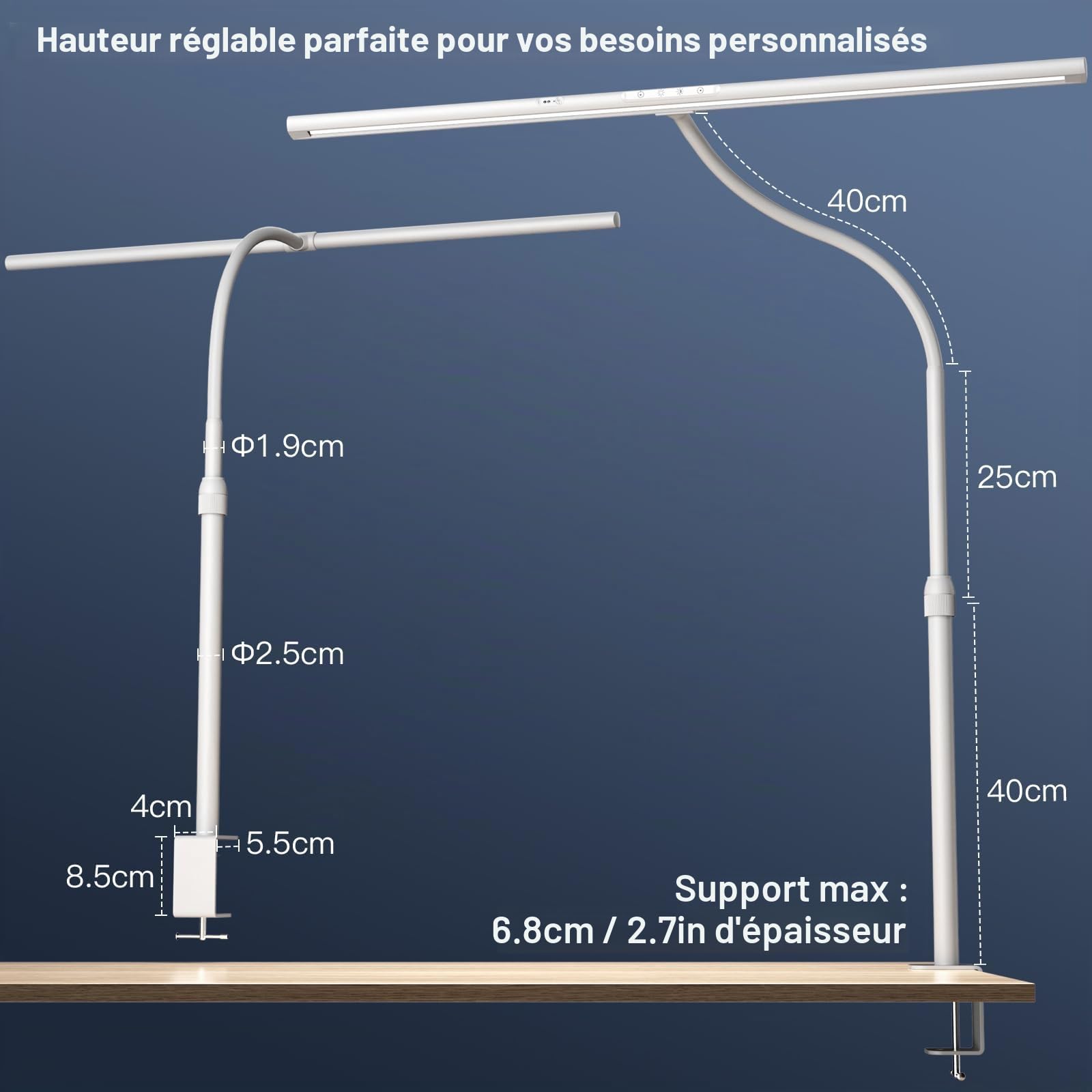 EYOCEAN Lampe de Bureau LED, 24W 80cm Lampe de Table avec Contrôle par Gestes & Télécommande, Perche télescopique à hauteur réglable, pour Employés de Bureau, Étudiants, Designers, Monteurs Vidéo