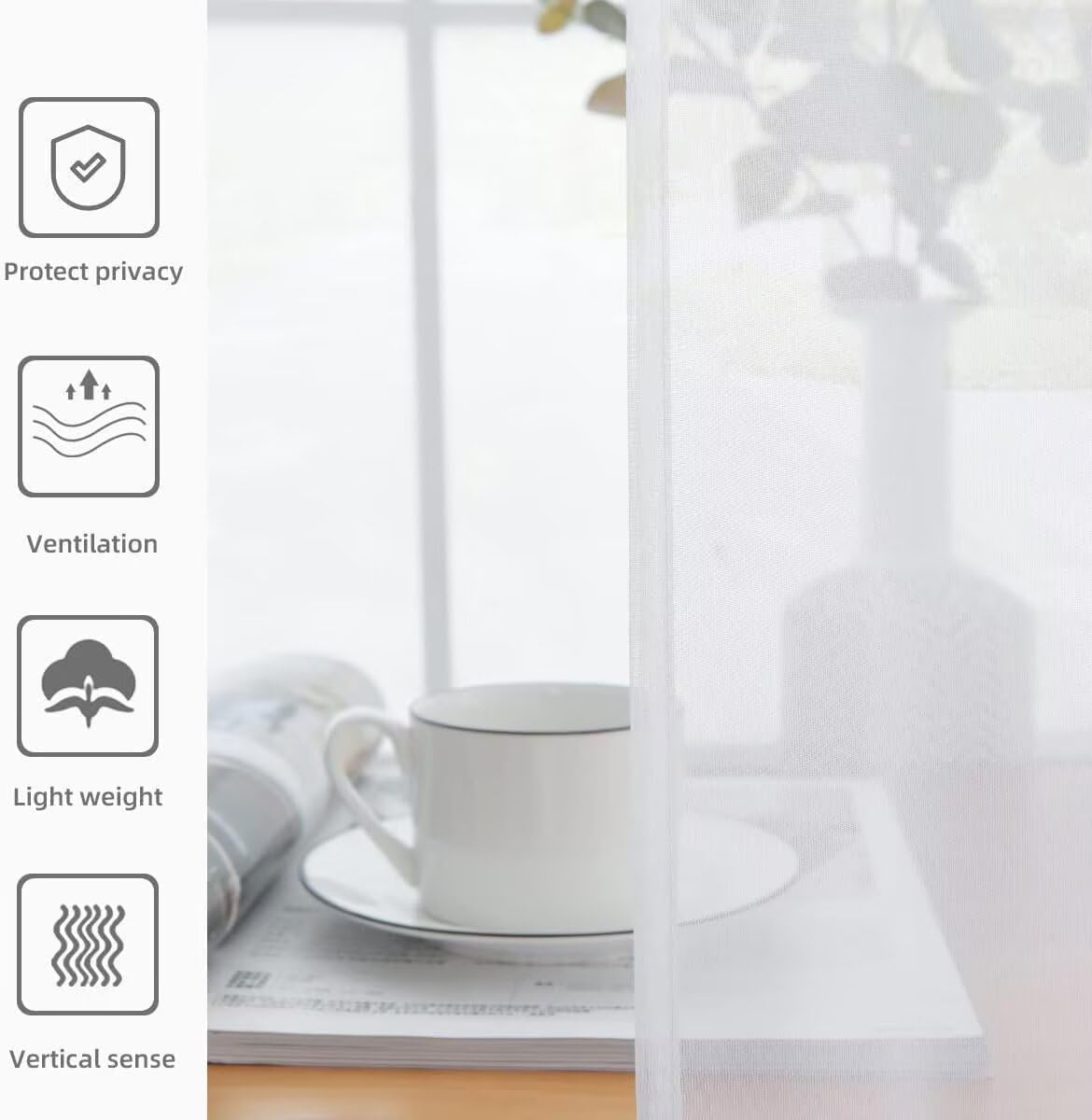 youleyar Solid Sheer Rod Pocket Curtain Voile Draperies 4 Panels White Beige Black Grey Coffee 52 Inch Width 108 Inch Long 1 Pair for Kitchen Bedroom Children Living Room Yard(White,52Wｘ108L)