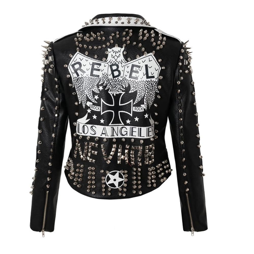 Women Slim Fit PU Leather Jacket Punk Rock Print Rivet