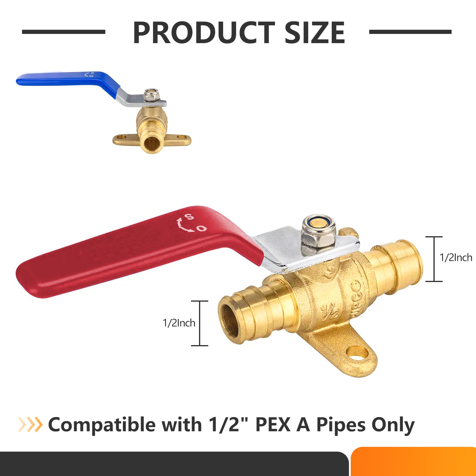 HeSun 10 válvulas de bola de expansión PEX A de 1/2 pulgada con oreja de caída, válvula de cierre de latón para tubo de expansión PEX A, ASTM F1960, rojo y azul