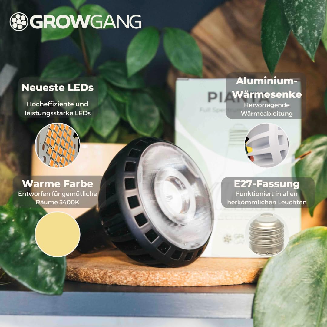 Pianta 18W Vollspektrum LED Pflanzenlampe für Zimmerpflanzen – Wachstumslampe für Sukkulenten, Kräuter & Kakteen, Keimung von Sämlingen, E27, PPF μmol/s 33,1 (Schwarz, E27)