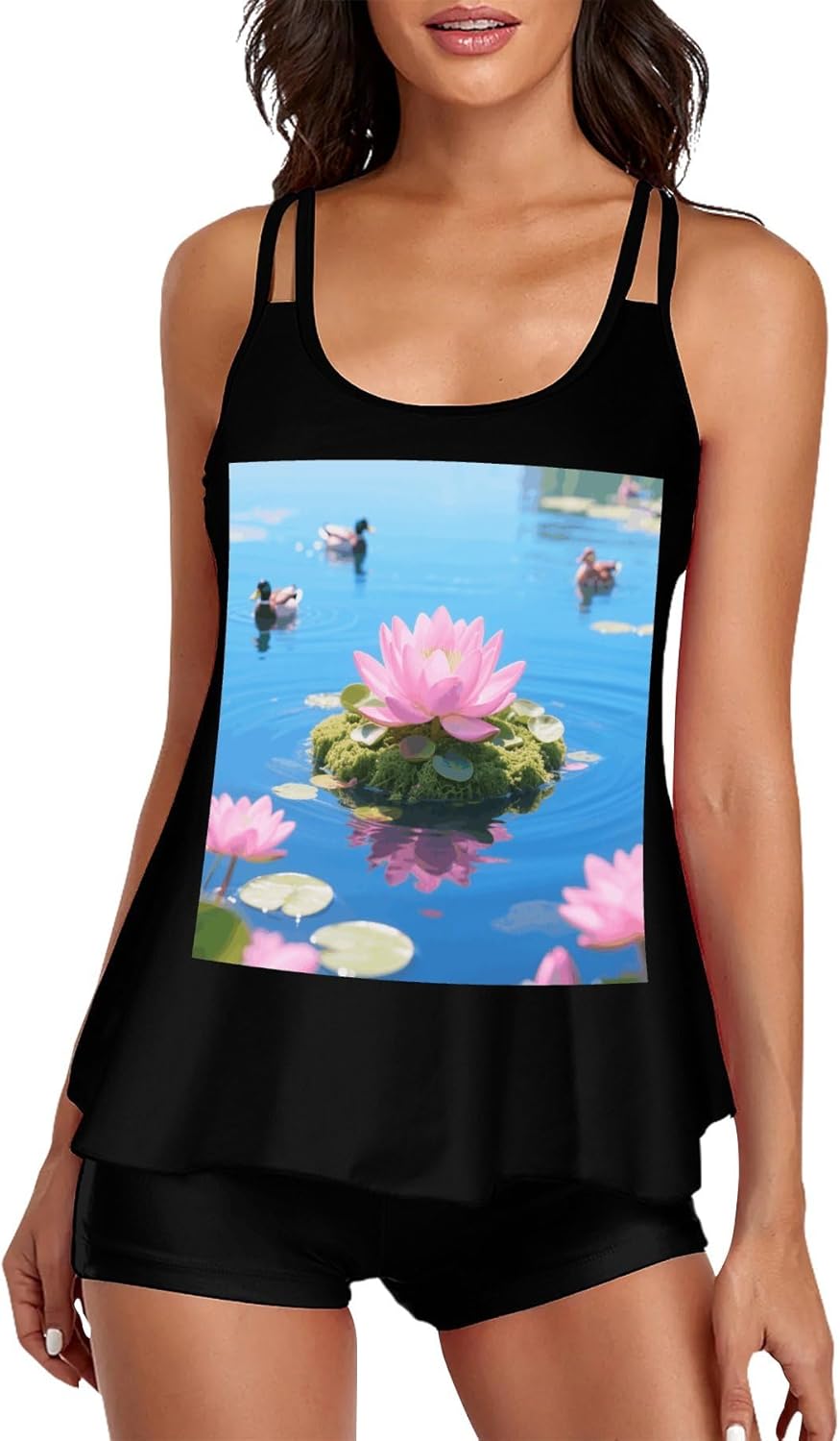 Lake Floating Tankini Swimsuits for Women Tummy Control Two Piece Bathing Suits Swim Tops with Boy Shorts