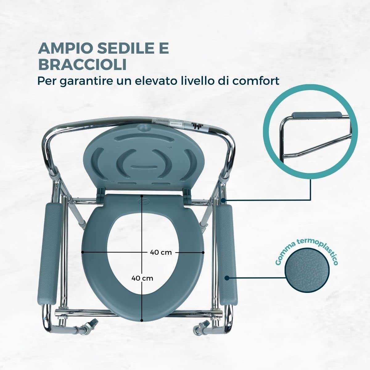 Mobiclinic®, Sedia WC, Pieghevole, WC portatile, Secchio rimovibile, Braccioli, Sedile ergonomico, Fino a 100 kg, Ruote con freno, Piedini antiscivolo, Acciaio, Leggero, Muelle