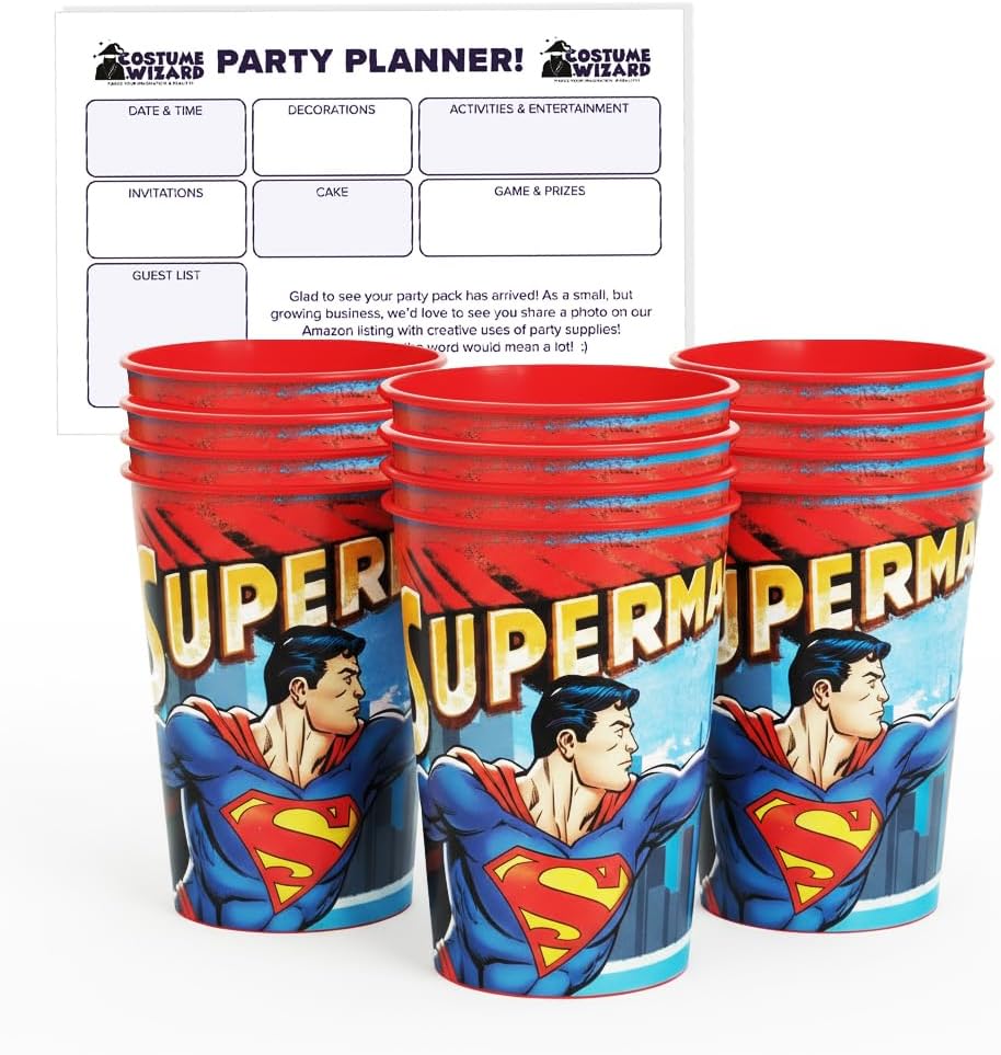 Unique Superman 12 Pack 16 oz Plastic Reusable Favor Cups – Birthday Party Supplies, Goodie Bag Favors, Kids’ Drinkware & Take-Home Gifts