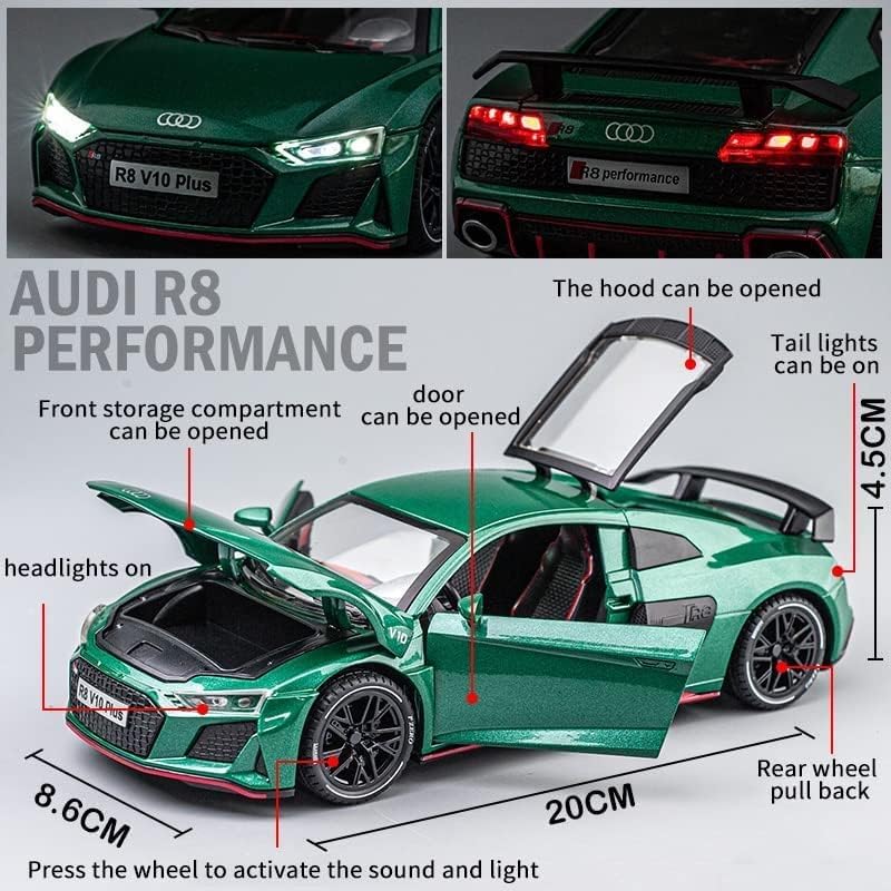 Image of SPITEN Audi R8 1:24 Diecast Scale Model Metal Pull Back Toy car for Kids with Openable Doors & Light, Music Toy Vehicle for Kids - Colors as Per Stock