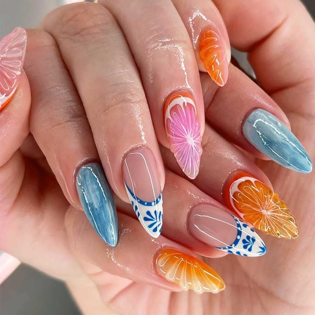 Foccna French Tip Press on Nails Almond Acrylic Fake Nails Medium Long Summer Nails Luxury Clear Colorful False Nail Tips- 24pcs