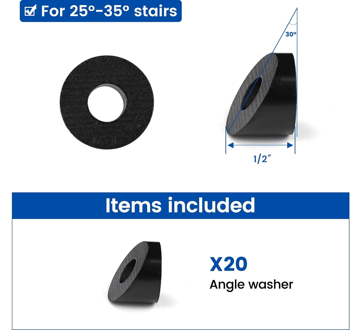 Muzata 20 Pack 1/4" ID Black Cable Railing Angle Washer 25 30 35 Degrees T316 Stainless Steel Black Angle Beveled Washer for 1/8" 5/32" 3/16" Cable Railing Hardware Kit CR25