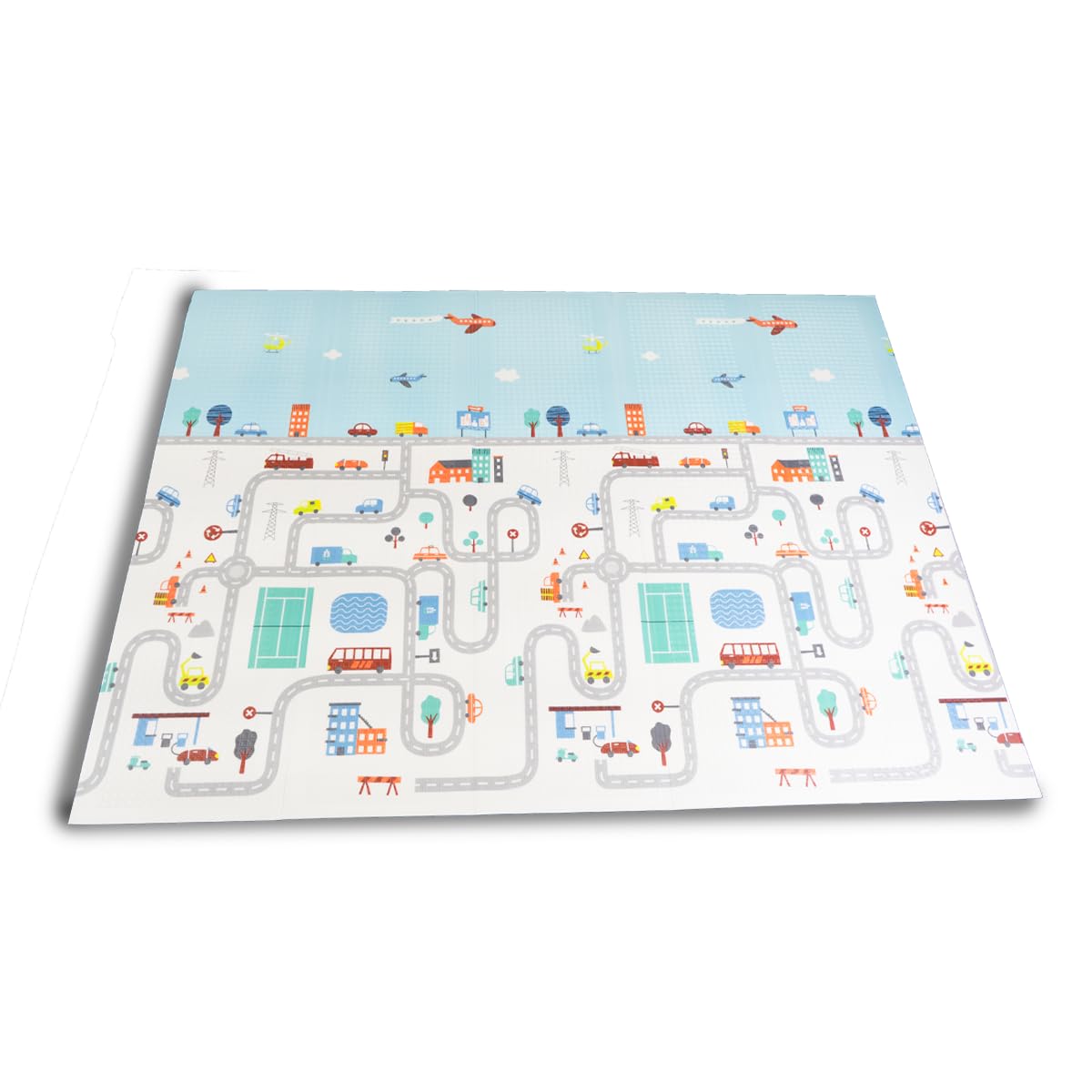 Tapete Térmico Tatame Infantil Emborrachado Dupla Face Dobrável Macio 1,8x1,2M Pista Urso Castor Sensorial Meu Primeiro Tapetinho (Pista/Cidade)