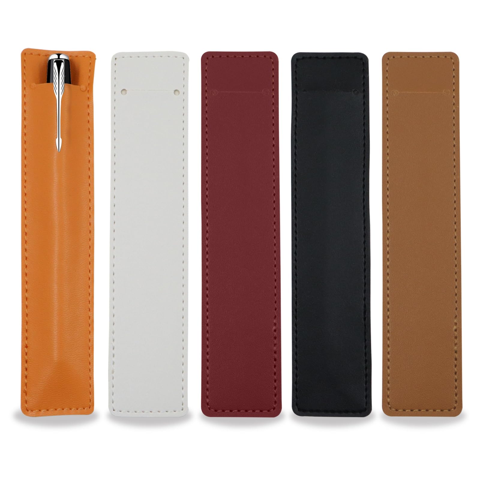 5Pcs Leather Single Fountain Pen Case, Soft Pen Sleeve Pouch for Men Women, Ballpoint Pencil Protective Cover Holder for Office, Business Gift (White, Orange, Black, Red, Brown)