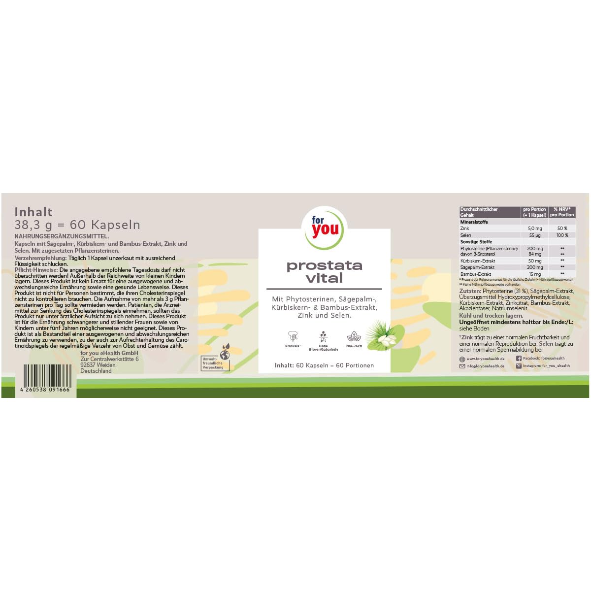 for you prostata vital 2x 60Kapseln- mit Phytosterinen, Sägepalm-, Kürbiskern- & Bambus-Extrakt, Zink, Selen - Vitalstoff-Komplex für die Unterstützung der normalen Funktion der männlichen Harnorgane