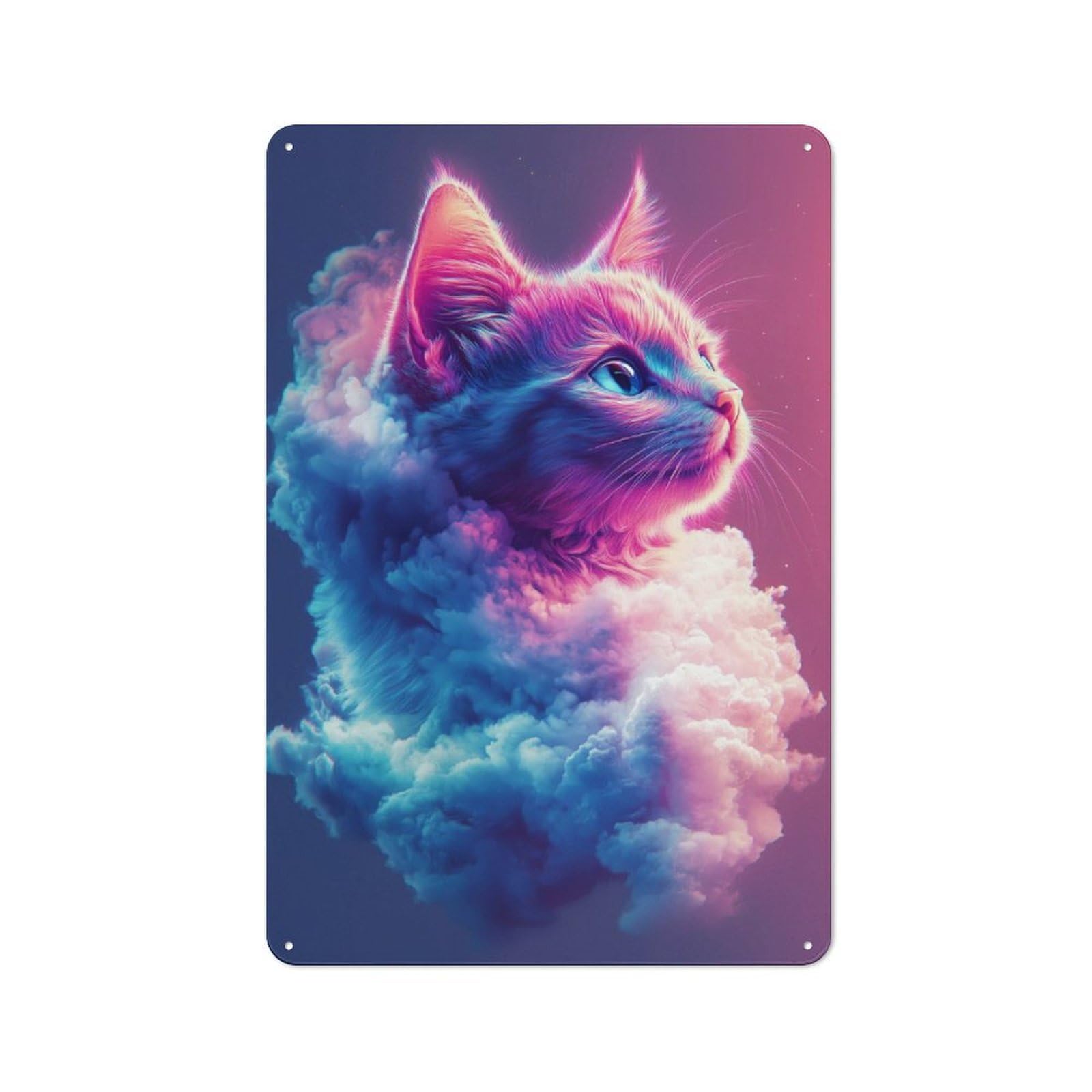 Decorative Metal Plaque with Neon Cat in Clouds Design 30x20cm, Modern Retro Studio Wall Art for Workspace, Cafe, Hallway Or Garage