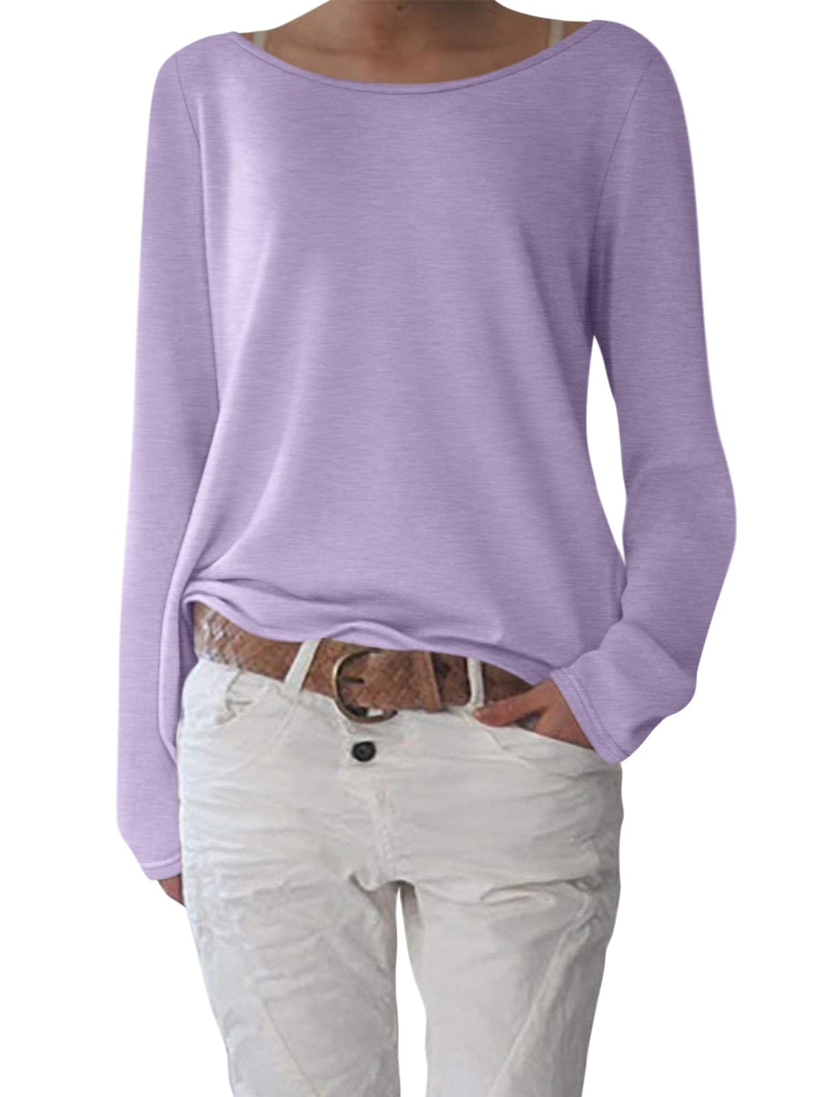 shownicer T-Shirt Damen Elegant U-Boot Ausschnitt Shirts Pullover Basic Langarm Oberteile Lässig Longshirt Tops A Violett XS
