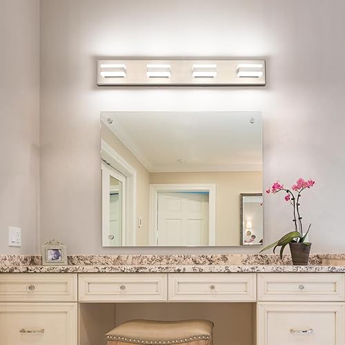 Miniatura 9 de SOLFART Luces de tocador de baño, lámparas de níquel cepillado para baño, sobre el espejo, 4 luces LED, accesorio de iluminación de baño níquel