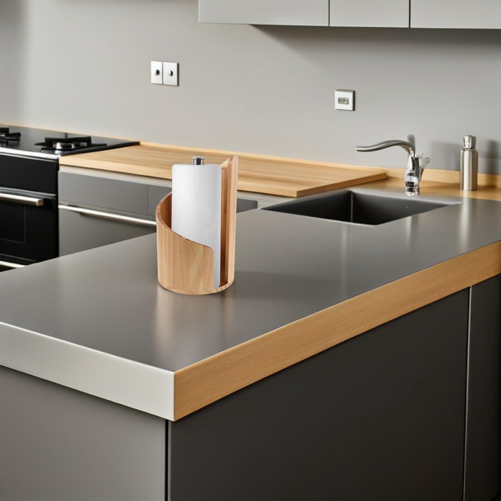 DECHOUS Portarrollos Fácil de Limpiar de Madera con Base Redonda de Papel y Varilla de Metal, Diseño Moderno Color Aleatorio Versátil para Cocina, Baño o Sala de Estar
