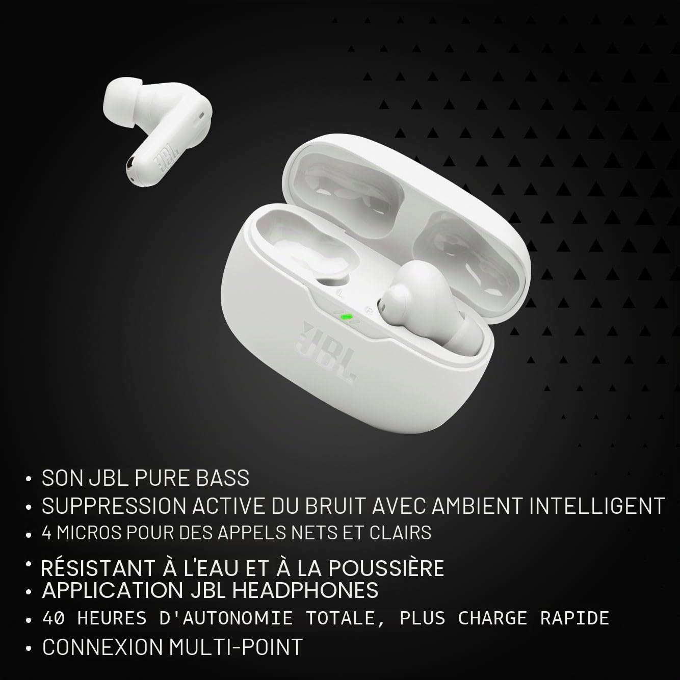 JBL Vibe Beam 2 Écouteurs sans fil antibruit avec son JBL Pure Bass et technologie d'ambiance intelligente, 4 micros pour des appels clairs et nets, jusqu'à 40 heures de lecture, IP54 résistants à la