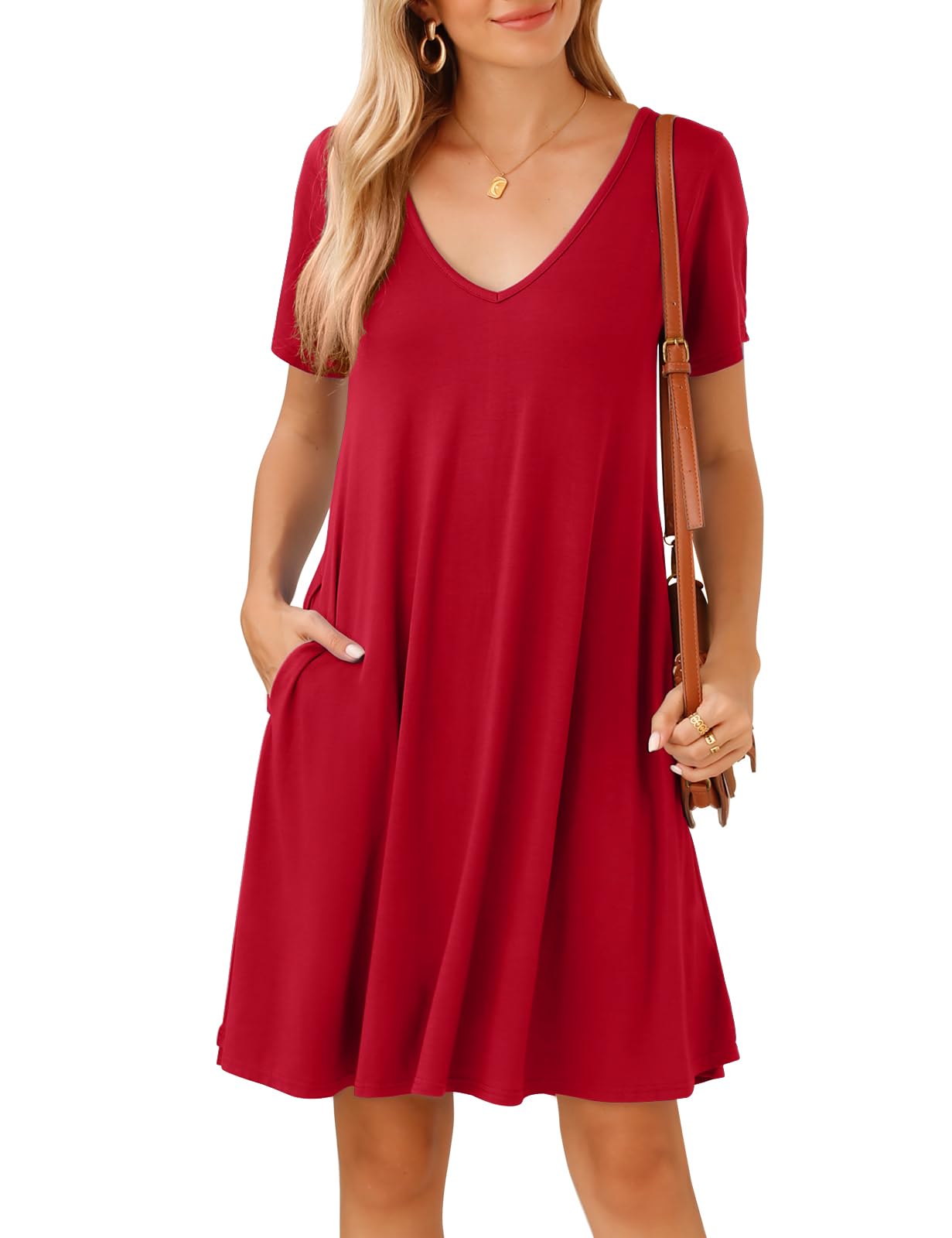 JollieLovin Women T Shirt Plus Size Summer Swing Dresses Short Sleeve V Neck Loose Casual Dress(L-5X)