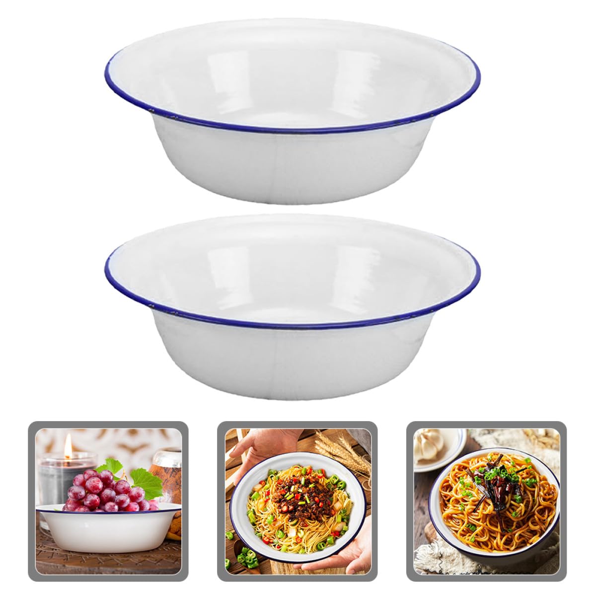 NUOBESTY 2 Stück Emailleschüsseln 22cm Weiß Tiefe Suppenschalen aus Robustem Emaille Schadstofffrei Spülmaschinengeeignet Vielseitig für Haushalt und Küche